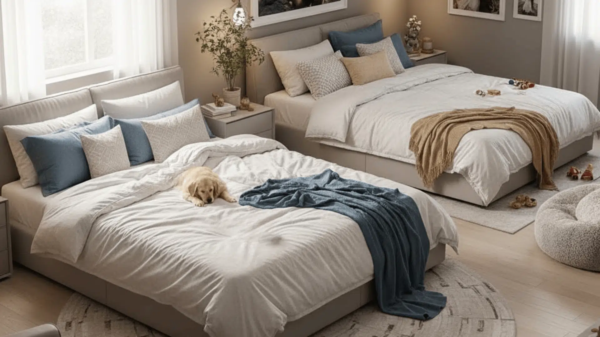 Two family beds in cozy room with pillows, soft blankets, and small dog resting.