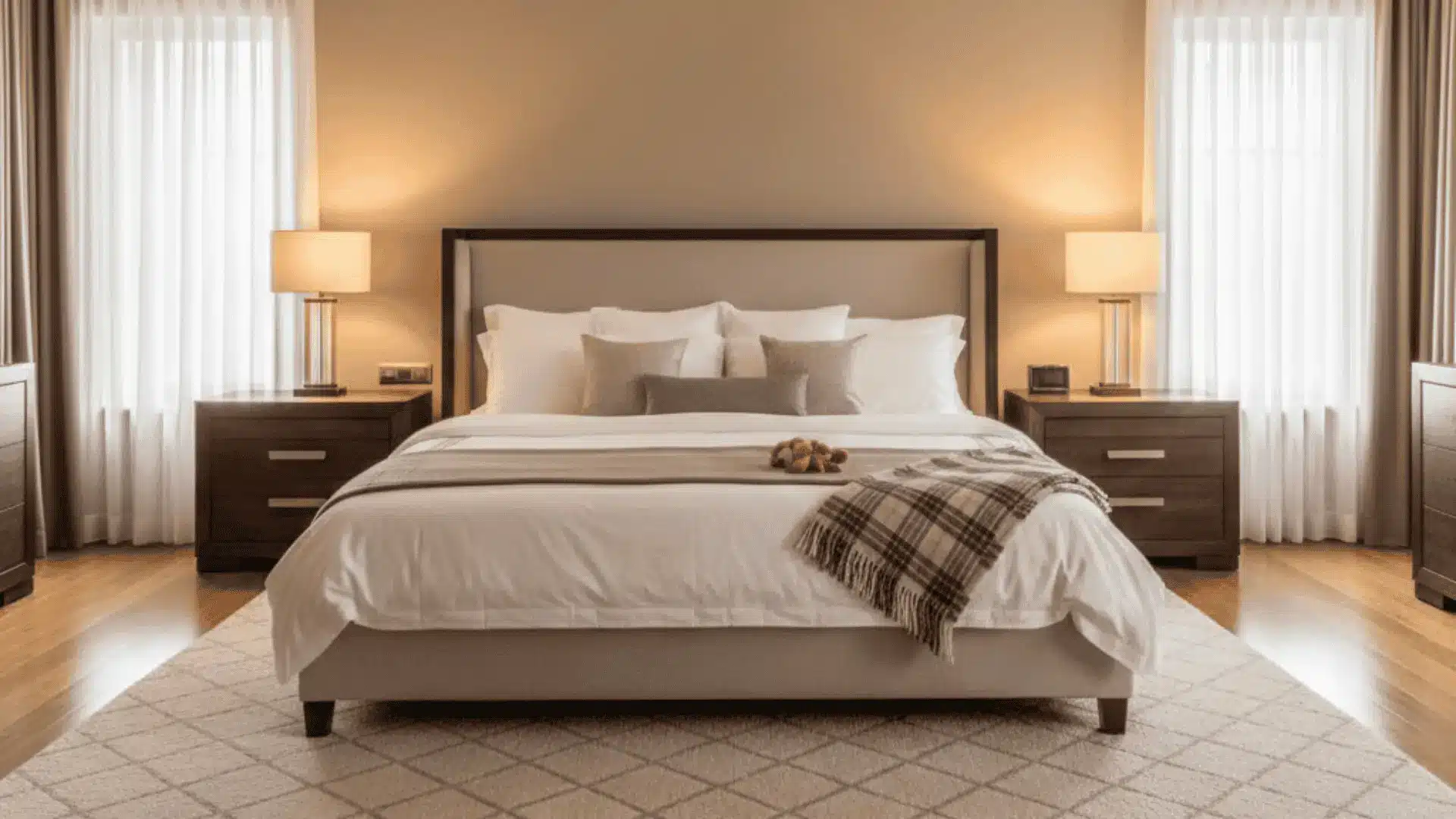 A serene bedroom showcasing a king mattress, nightstands, and lamps, designed for restful sleep and personal space.