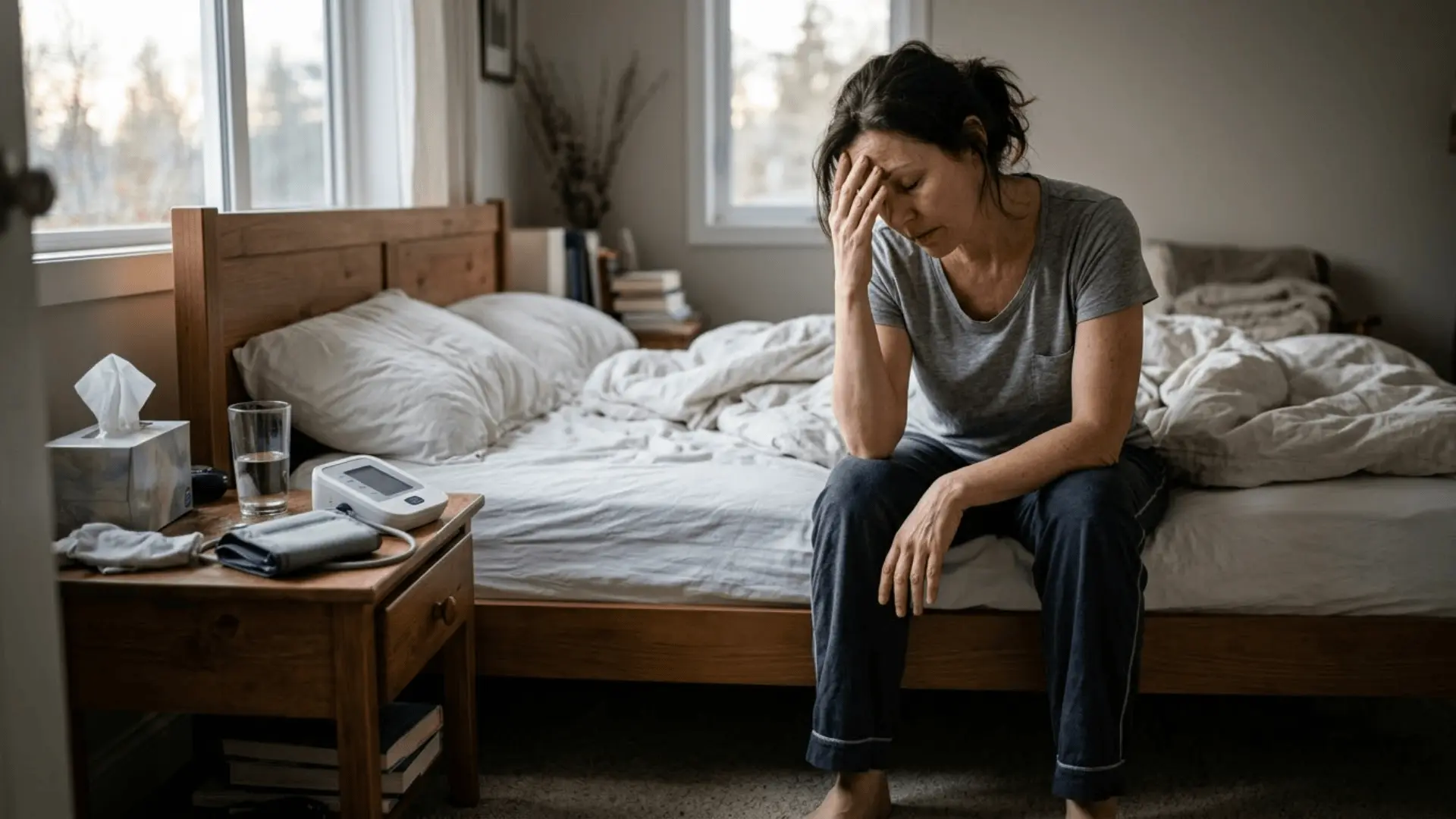 A tired person sitting on the edge of a bed showing the effects of poor sleep and fatigue.