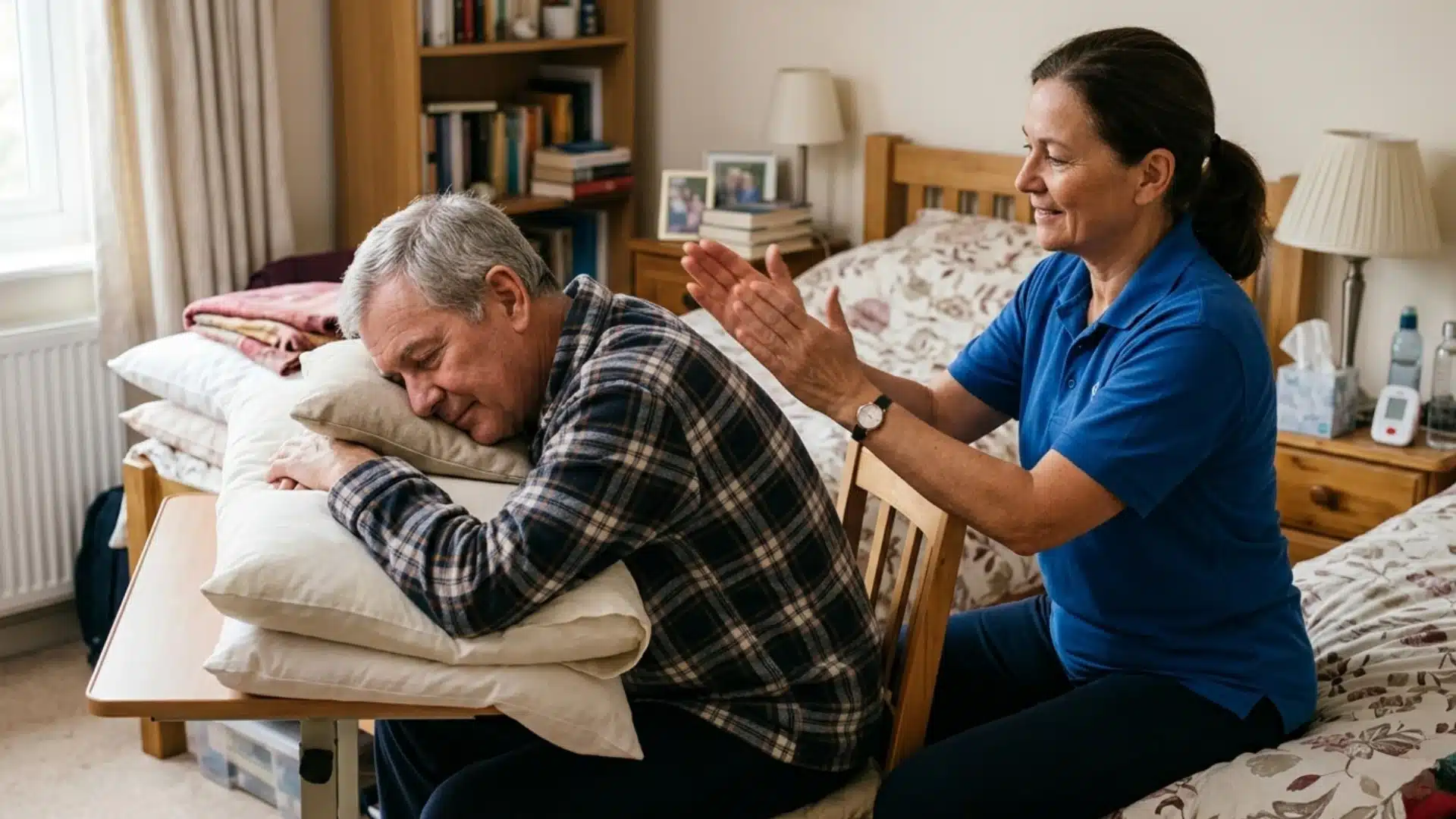 A woman assists an older man by adjusting his pillow during a chest percussion therapy session to support lung health.