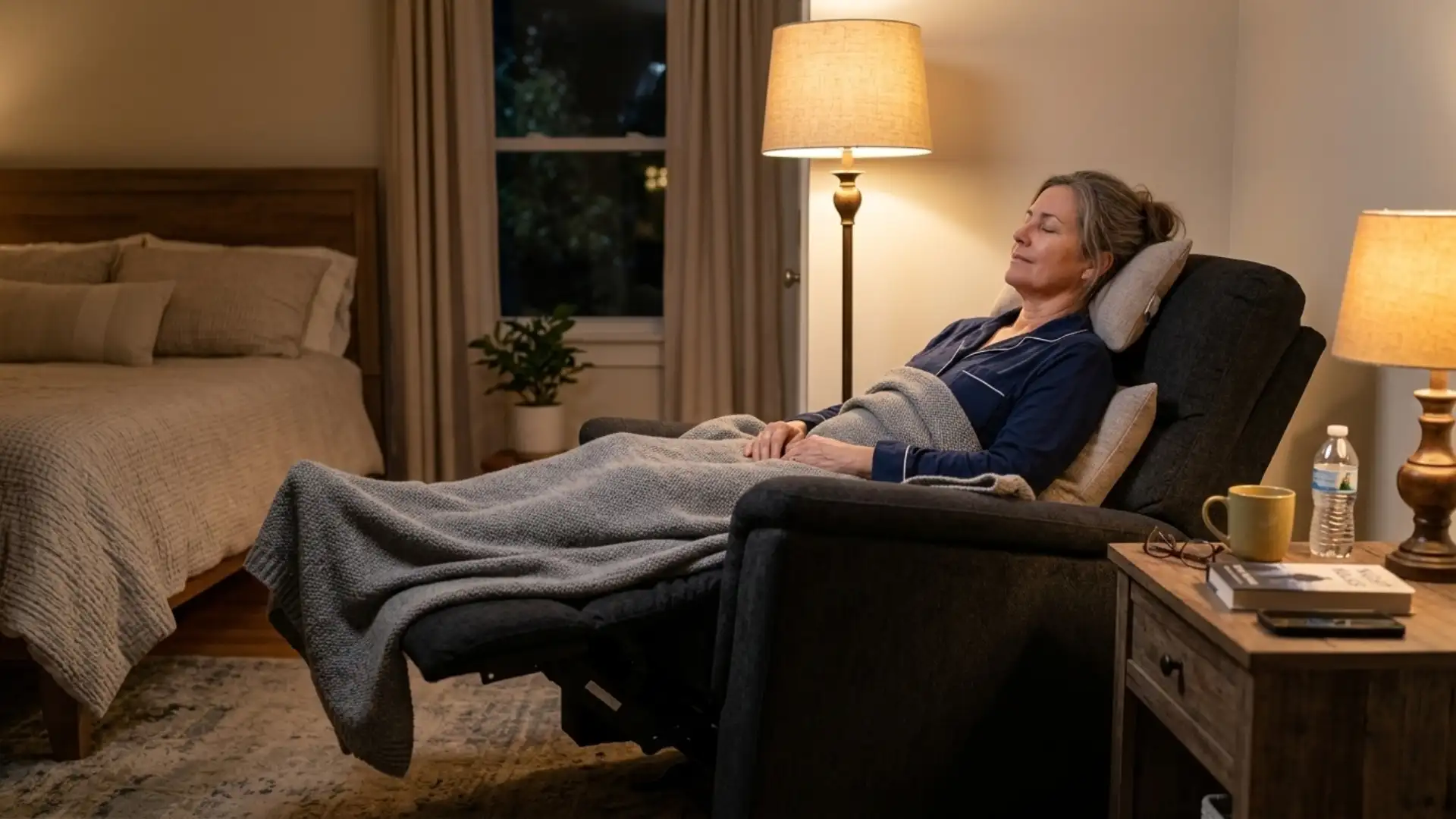 Adult resting in a recliner chair at night with head elevated