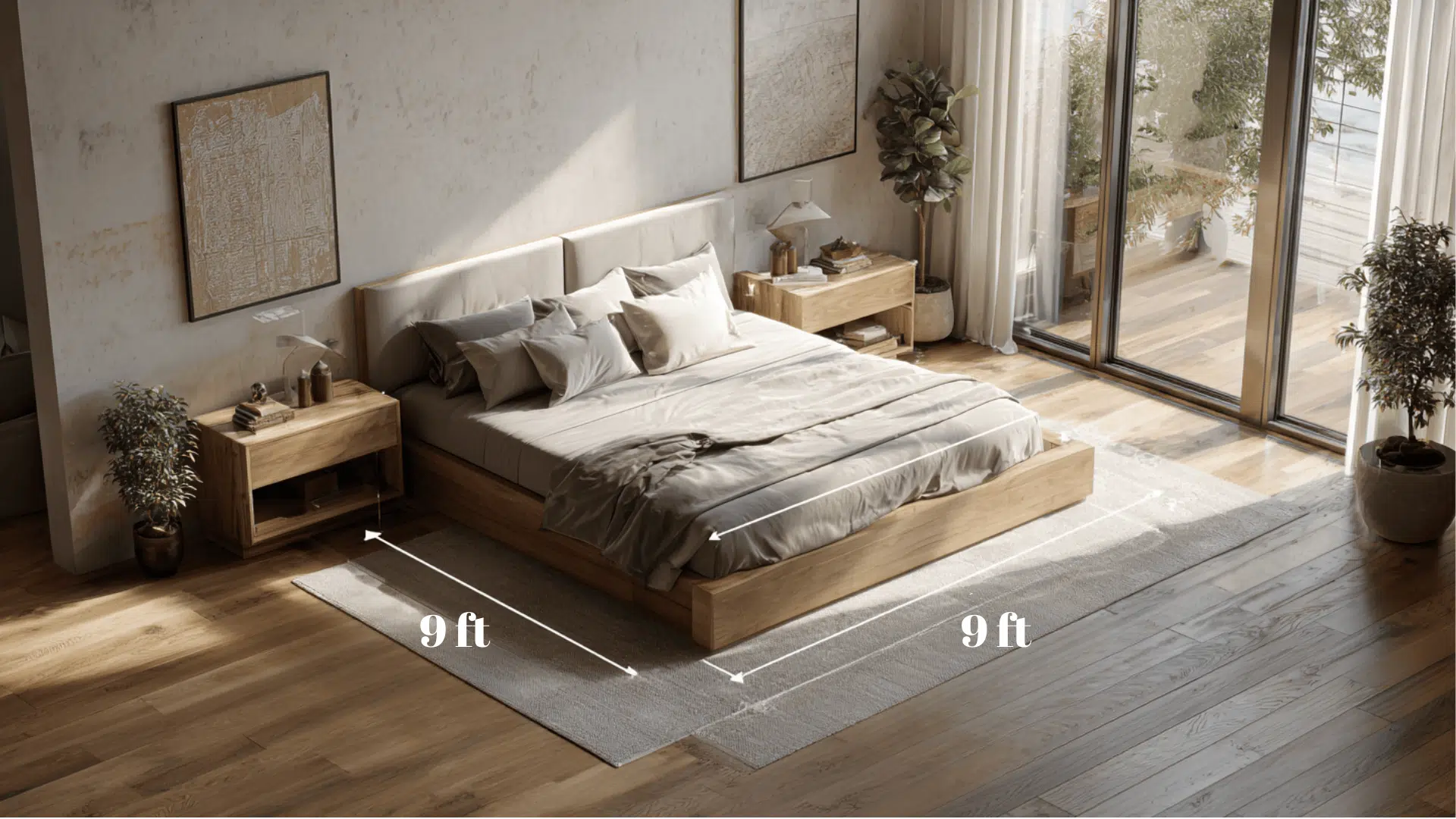 Alaskan king bed size shown as nine feet by nine feet in a modern bedroom layout