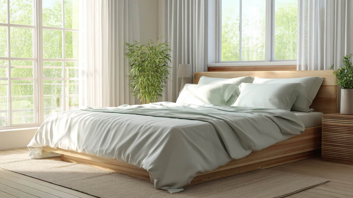 Bright bedroom with airy bamboo sheets styled to feel cool, soft, and fresh.