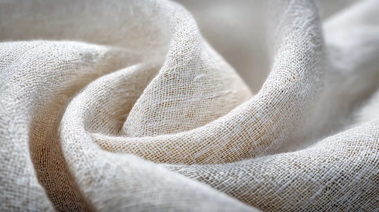 Close-up of bamboo blend fabric with soft texture and mixed fibers indoors now