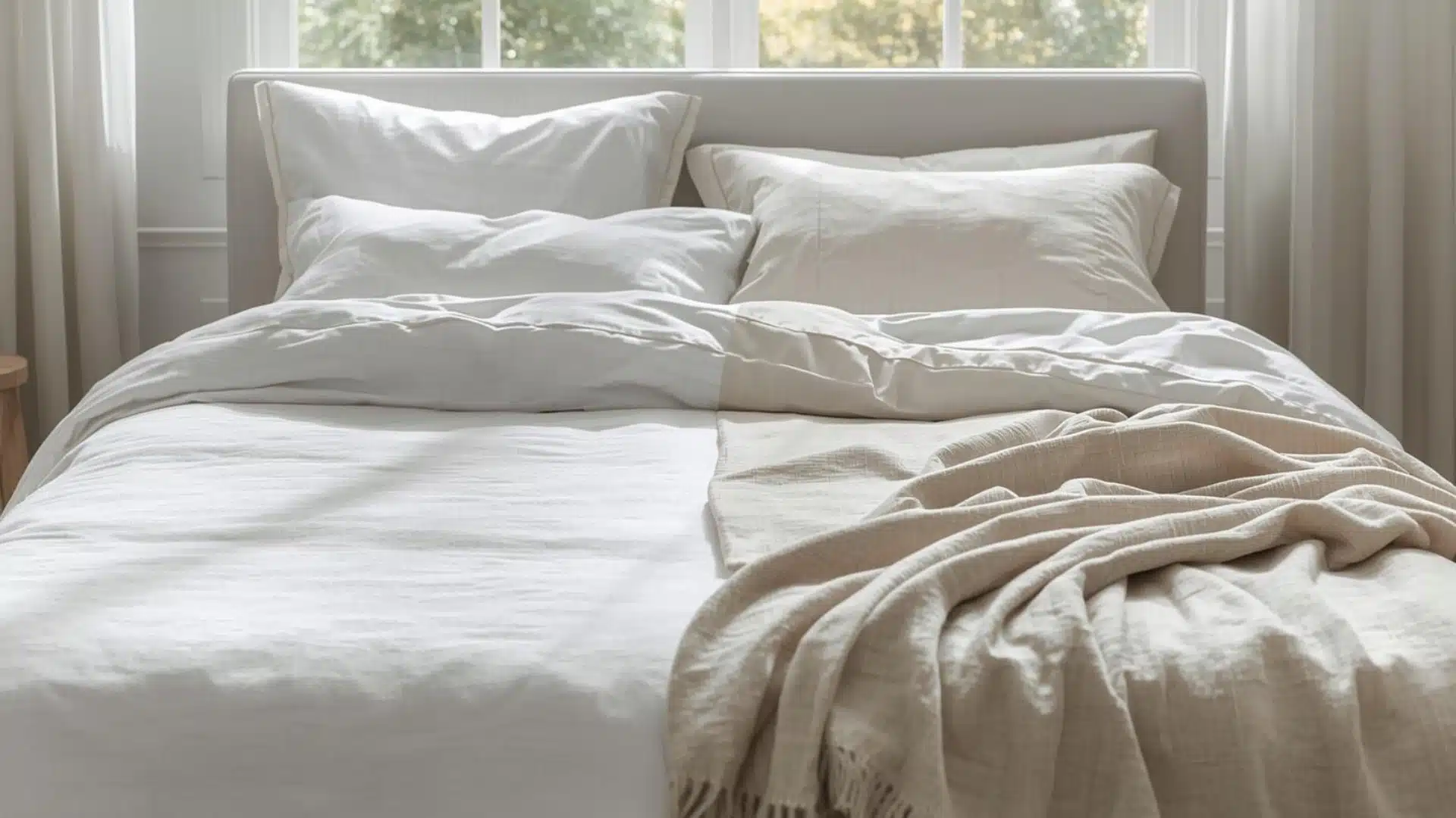 Cotton and linen sheets styled side by side on a bright modern bed in daylight