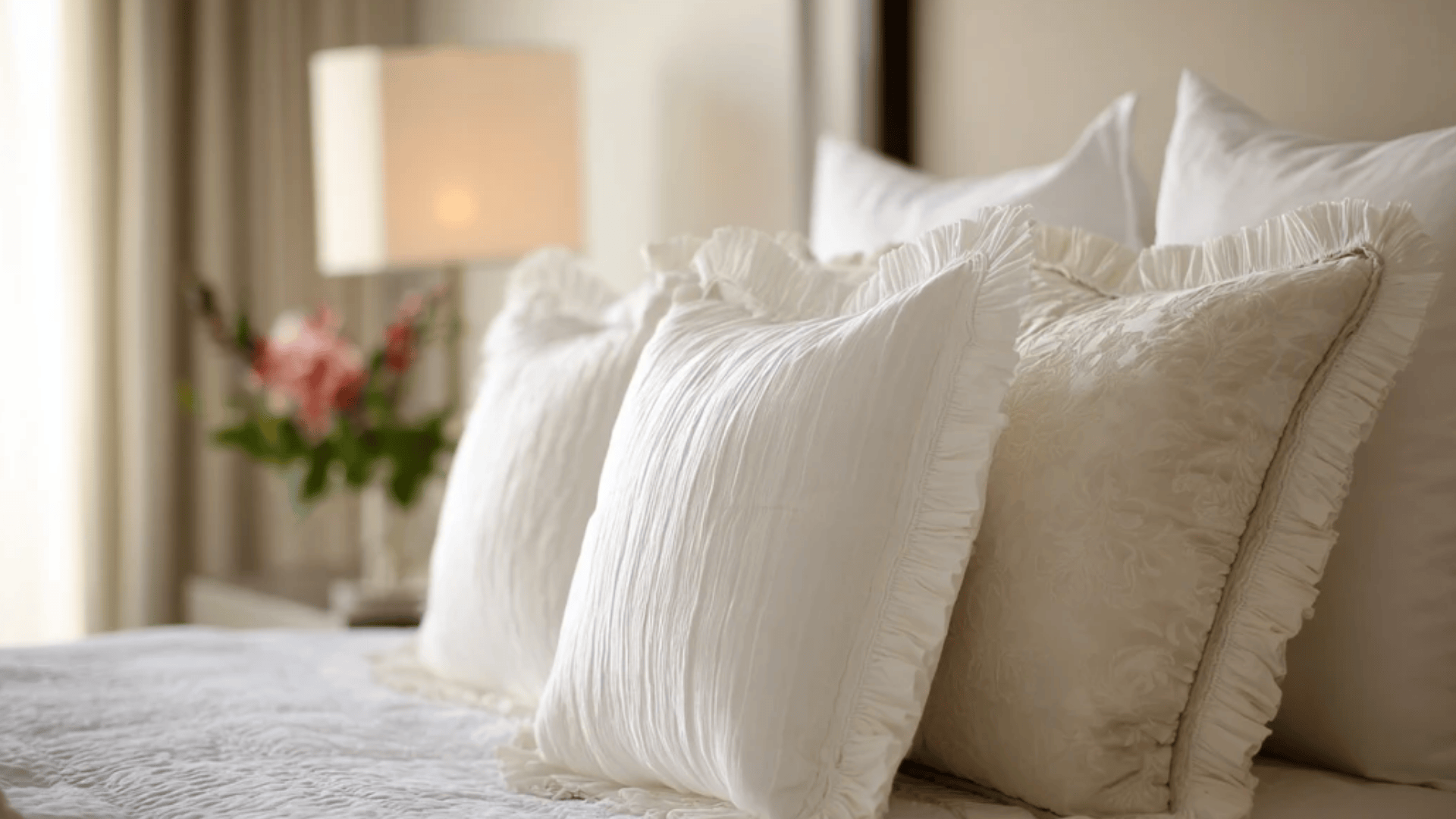 Decorative pillow shams with ruffled edges arranged on a neatly styled bed
