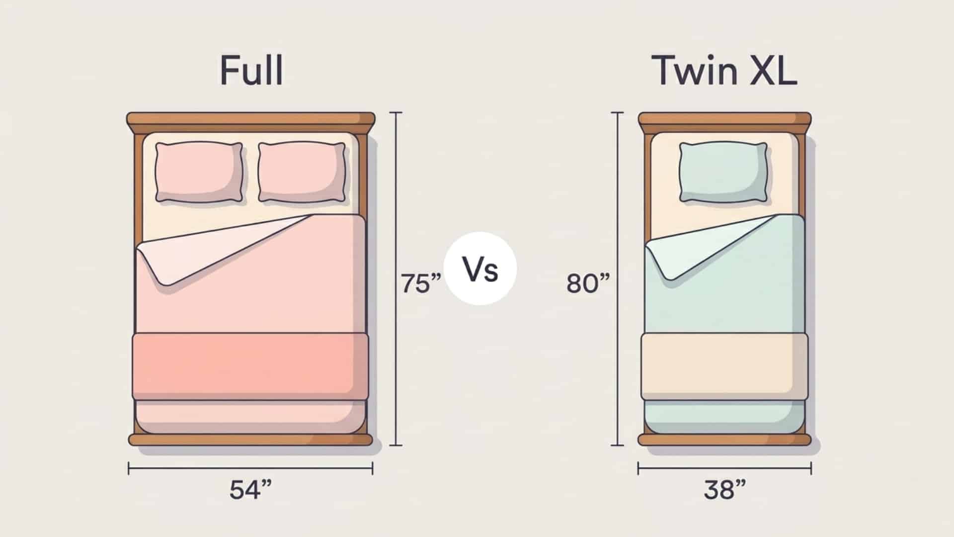 Full and twin XL mattress comparison graphic with side-by-side beds, center VS circle, and only dimensions shown.