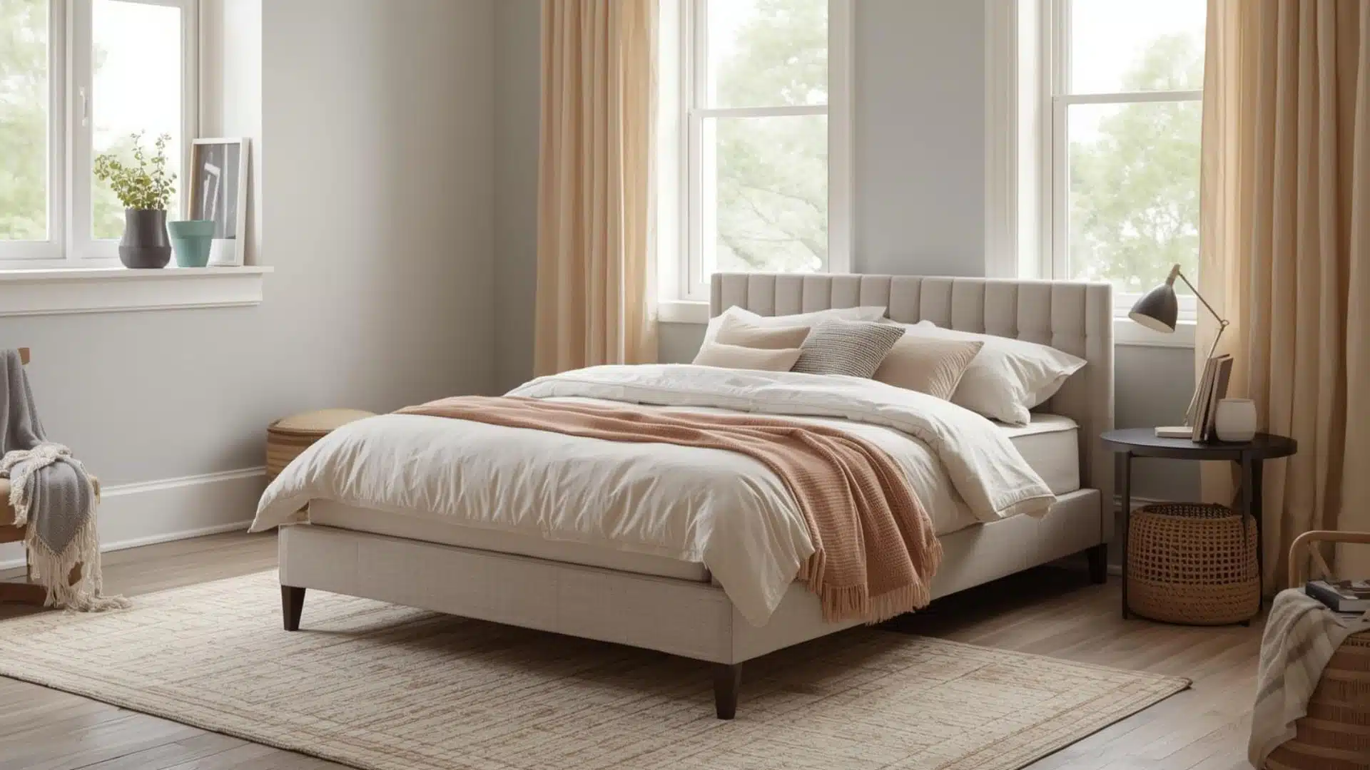 Full size bed in a modern bedroom with soft bedding, natural light, and a comfortable layout with open floor space.