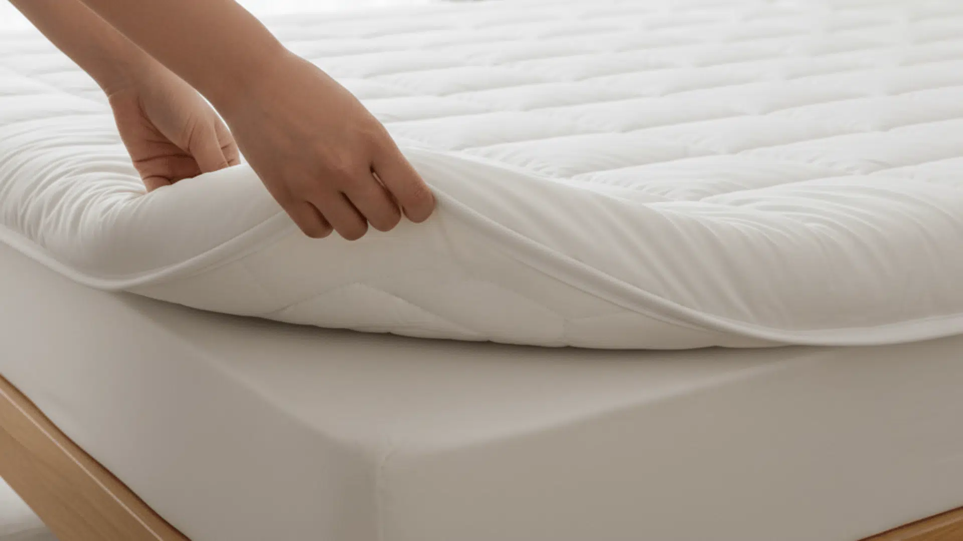 Hand lifting a mattress topper layer to show cushioning and mattress thickness detail.