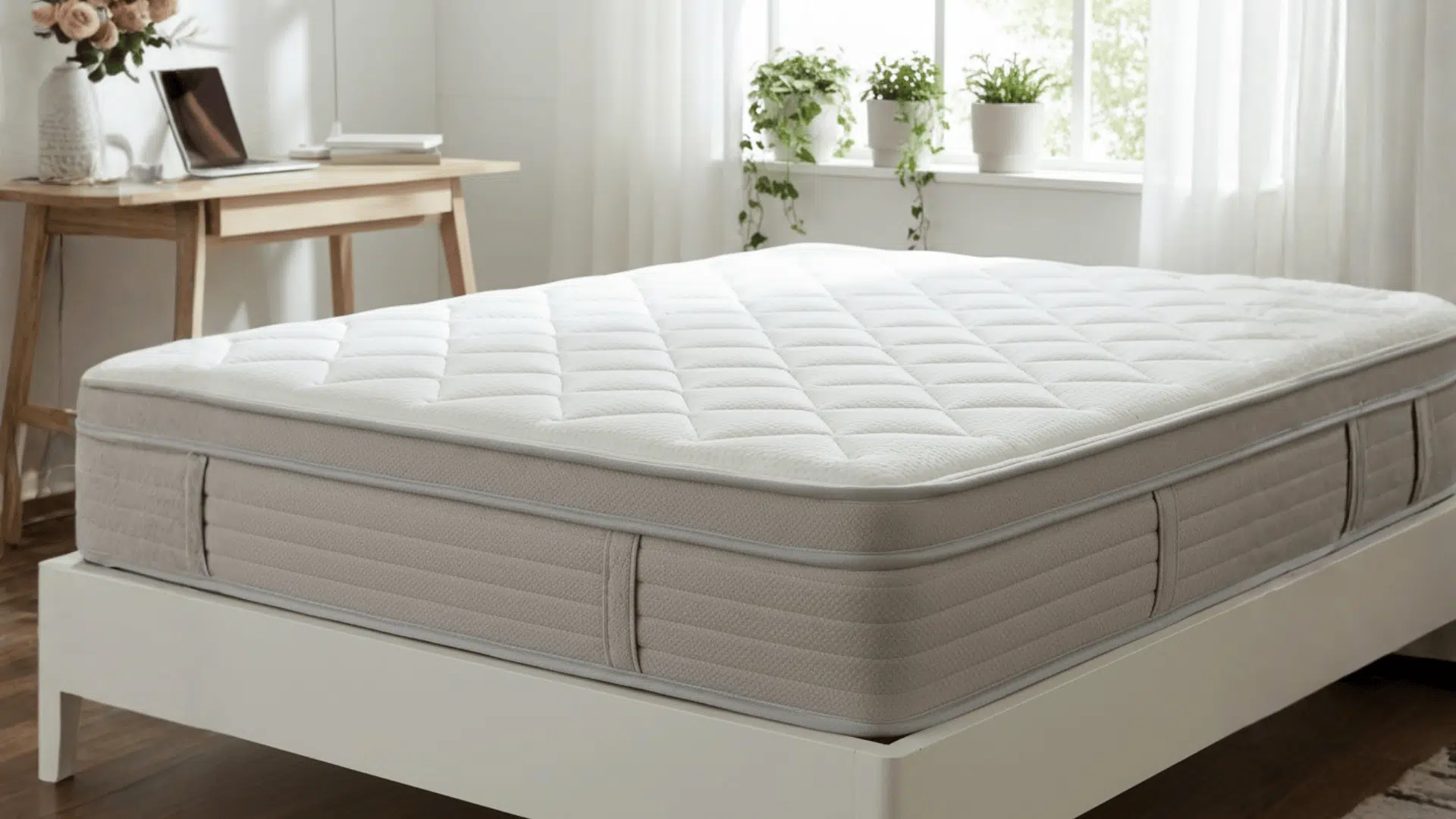 Hybrid mattress on a white bed frame in a clean, airy room with a desk and green plants by the window.