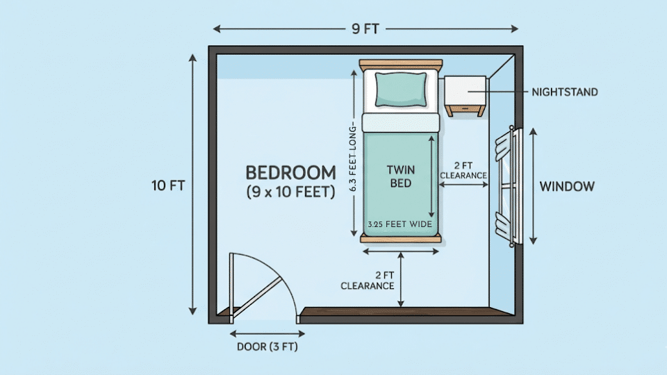 Illustration of twin bed dimensions in feet inside a 9x10 room layout with spacing