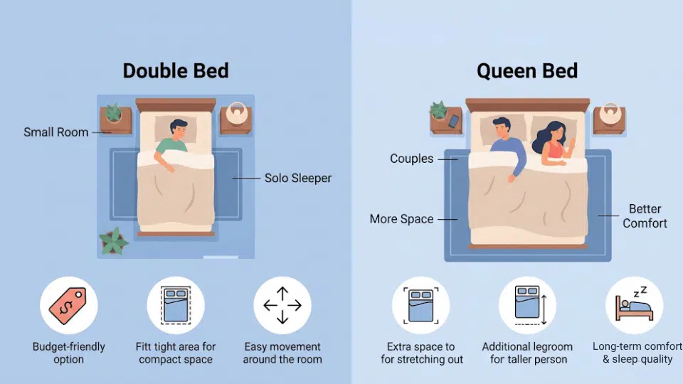 Illustration showing how to choose between a double bed and queen bed based on room size budget sleeping needs and comfort
