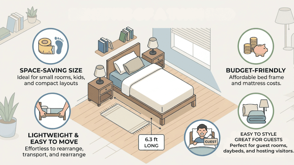 Illustration showing the benefits of a twin bed including space saving, affordability, and easy styling