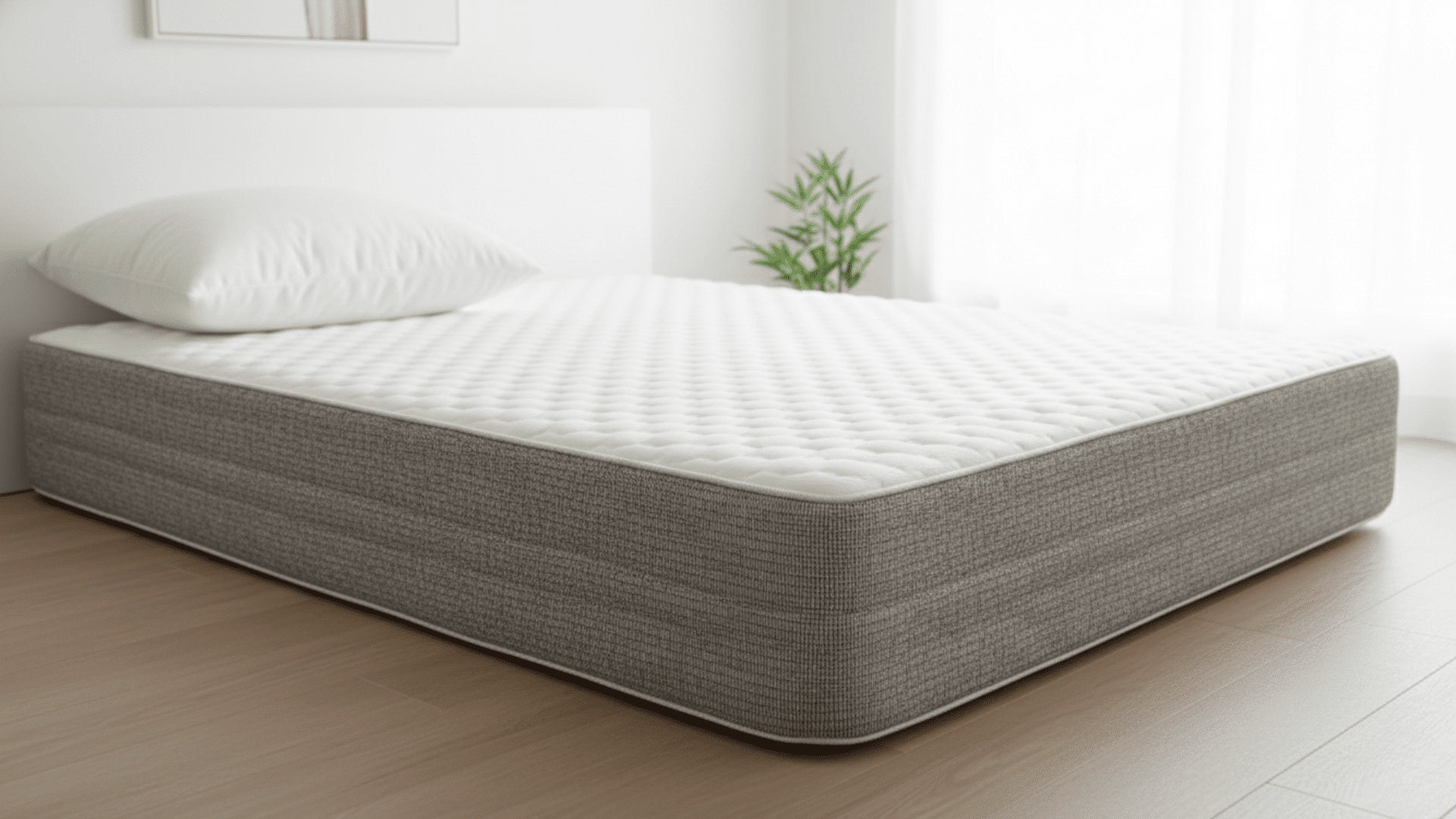 Low-profile mattress on a wooden floor in a minimalist bedroom with a white pillow and soft natural lighting.
