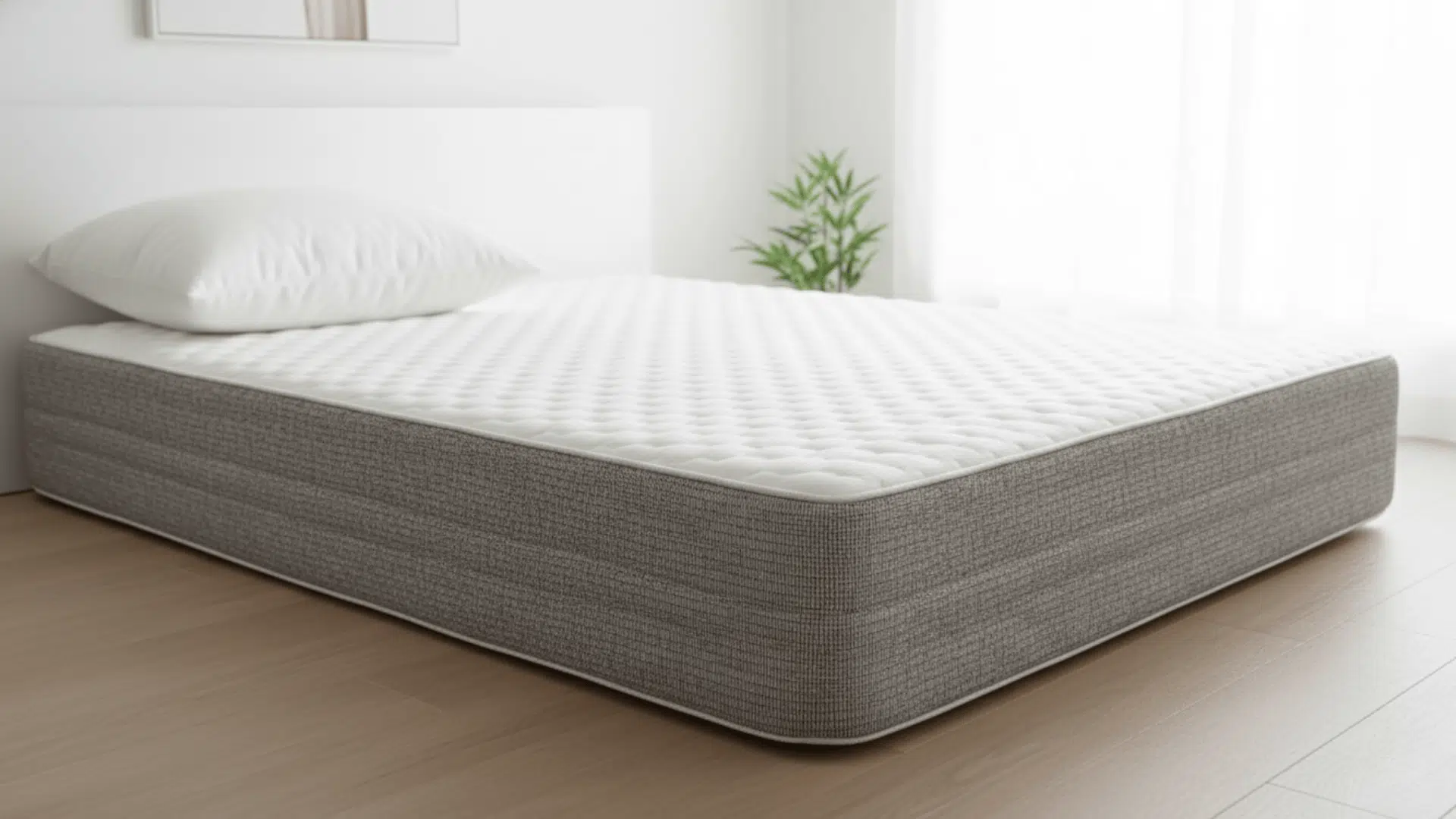 Low-profile mattress on a wooden floor in a minimalist bedroom with a white pillow and soft natural lighting.