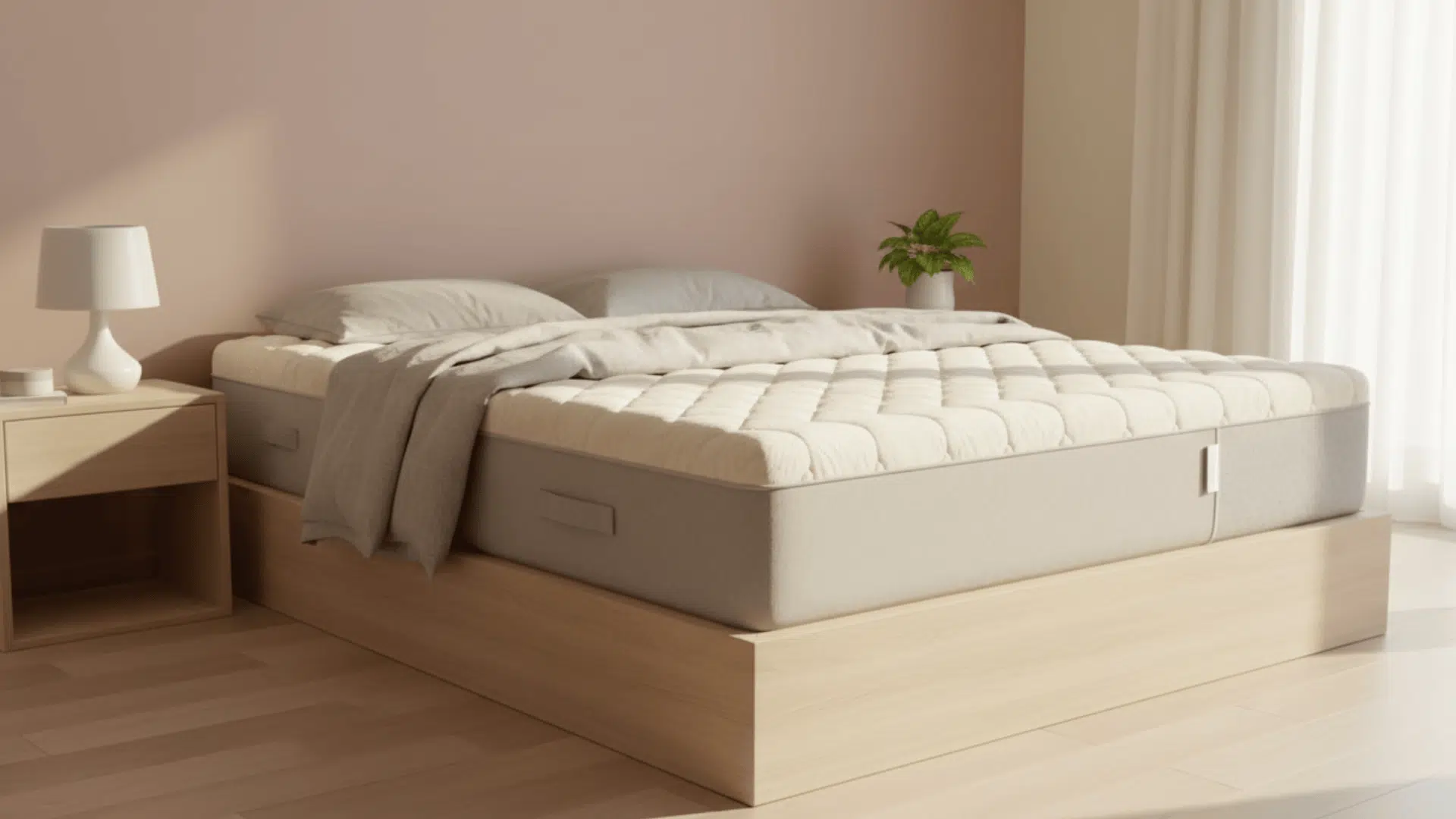 Mattress on a simple wooden bed frame in a minimal bedroom with soft pastel walls and natural light.