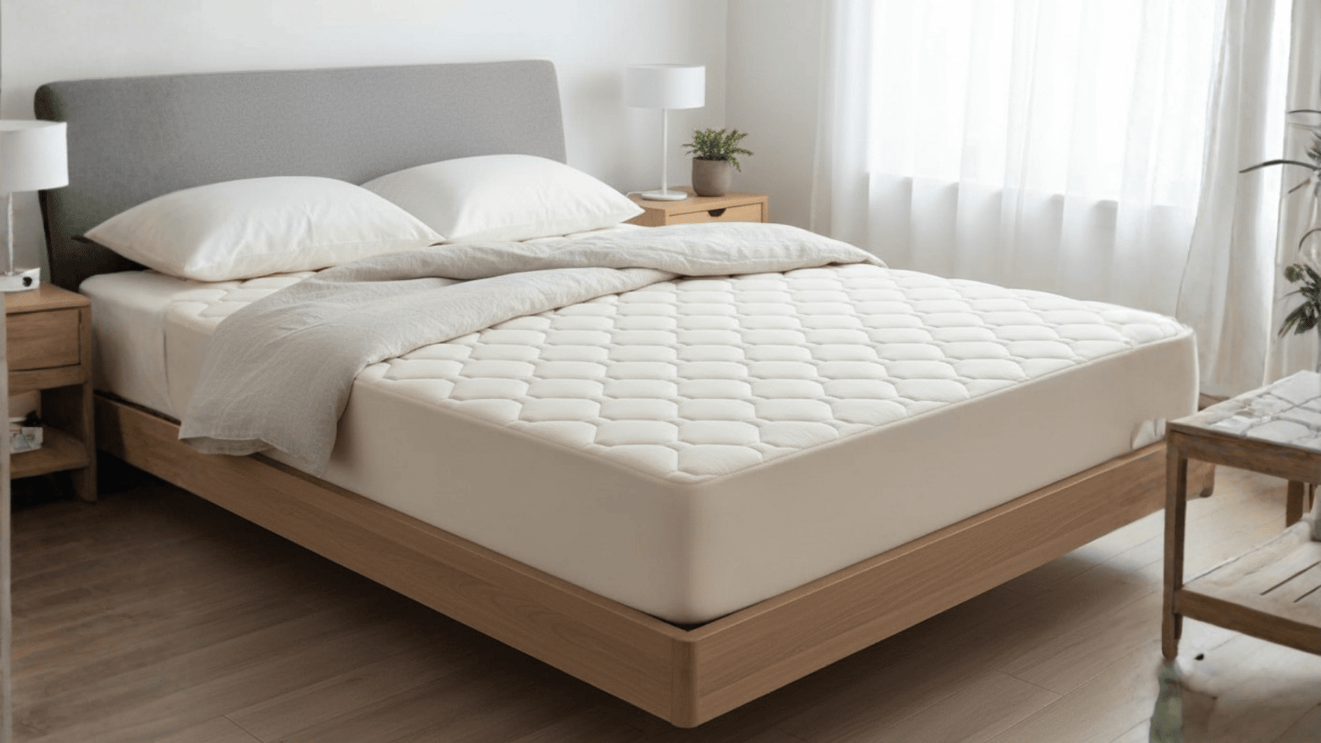Medium-height mattress on a wooden bed frame in a bright, minimalist bedroom with white bedding and soft natural light.