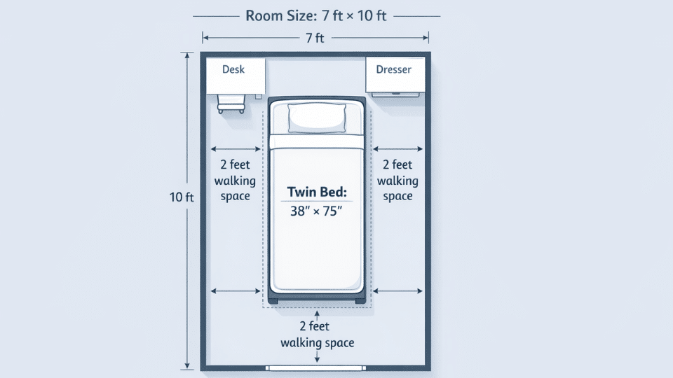 Minimalist top-down bedroom layout infographic showing a 7 ft × 10 ft room with a twin bed walking space on sides, and desk and dresser, with clear measurement labels on a light blue background.”