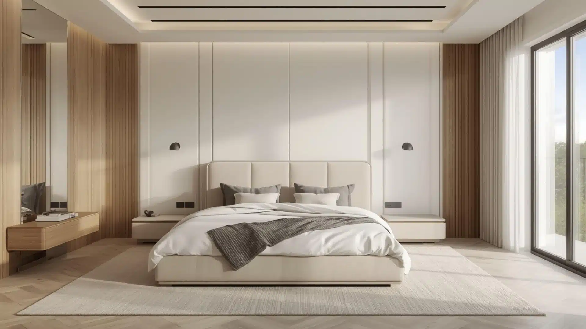 Modern bedroom with a California king bed styled in a bright spacious layout