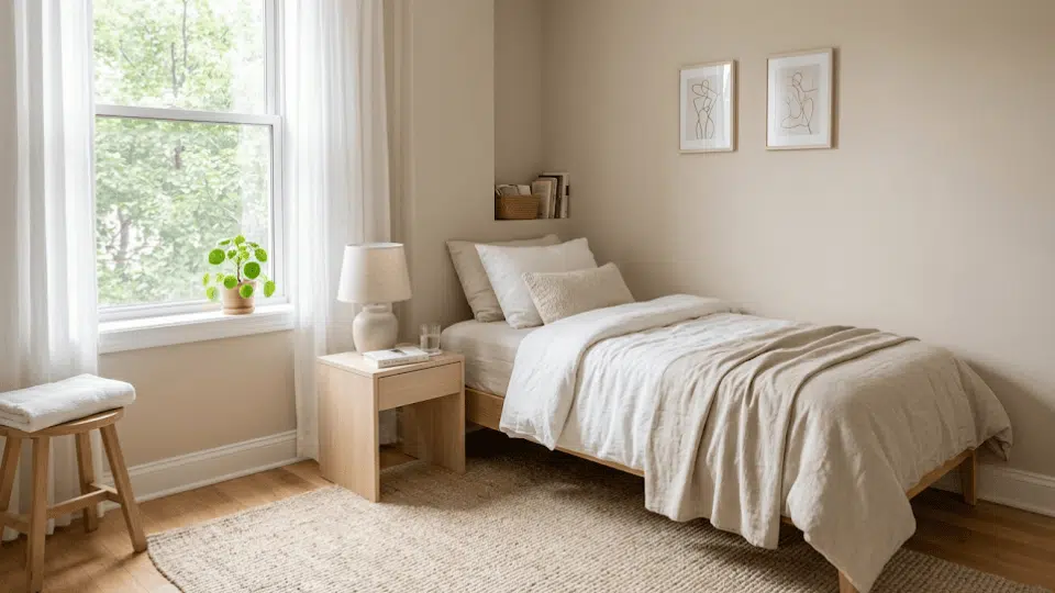 Modern bedroom with a twin bed showing how it fits in a small room