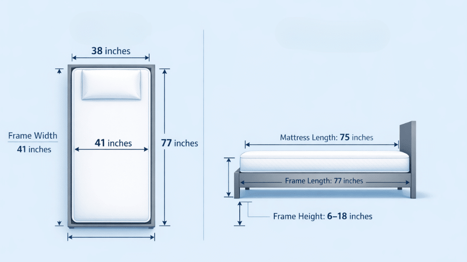 Modern infographic showing twin bed dimensions with top and side views, labeling mattress size and bed frame size with measurement arrows on a light blue background.