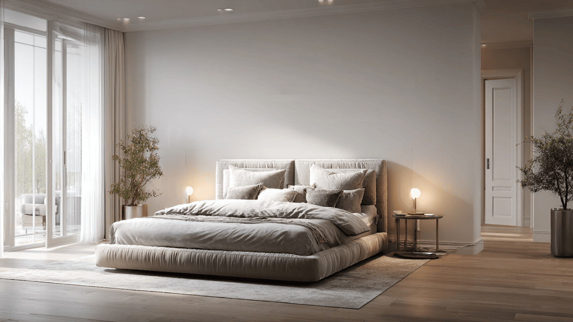 Modern minimalist bedroom with an alaskan bed and ample surrounding floor space