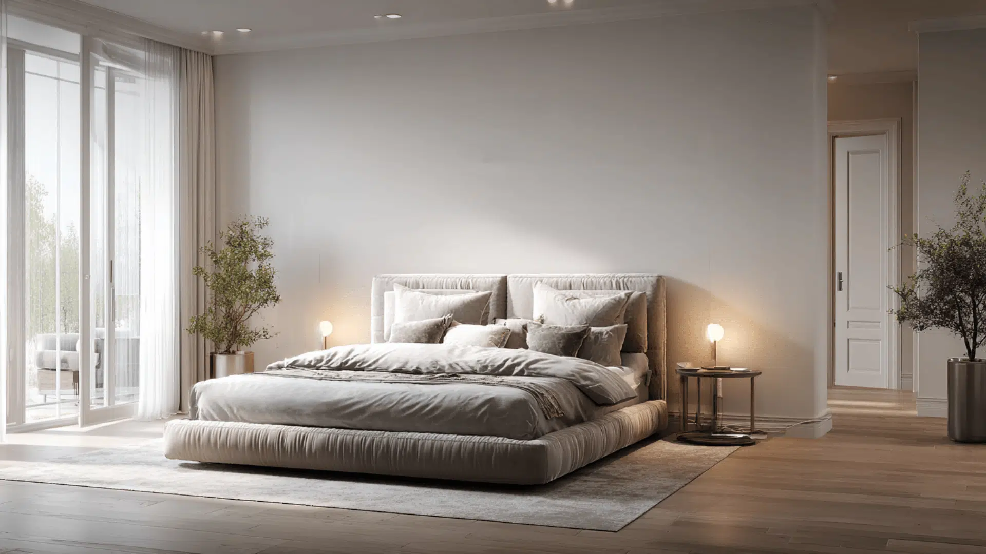 Modern minimalist bedroom with an alaskan bed and ample surrounding floor space