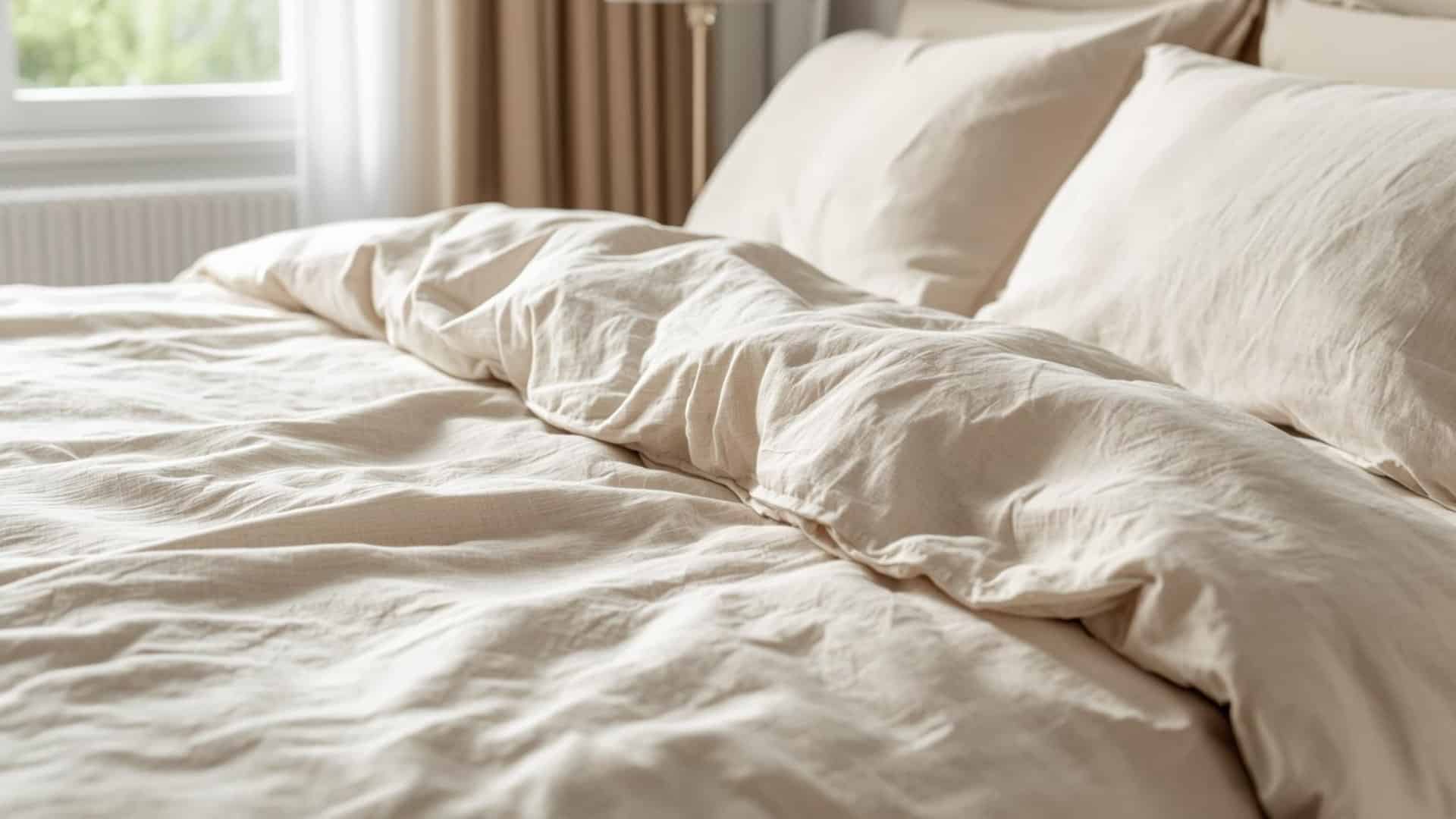 Neatly made bed with cotton-linen blend sheets in a bright modern bedroom