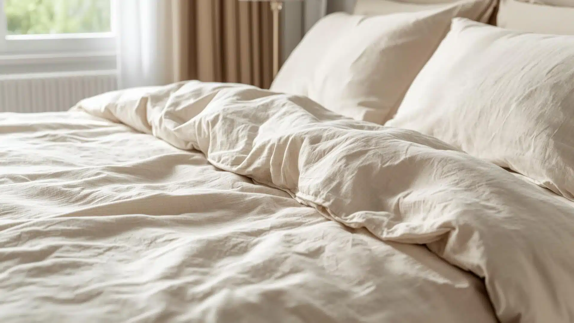 Neatly made bed with cotton-linen blend sheets in a bright modern bedroom