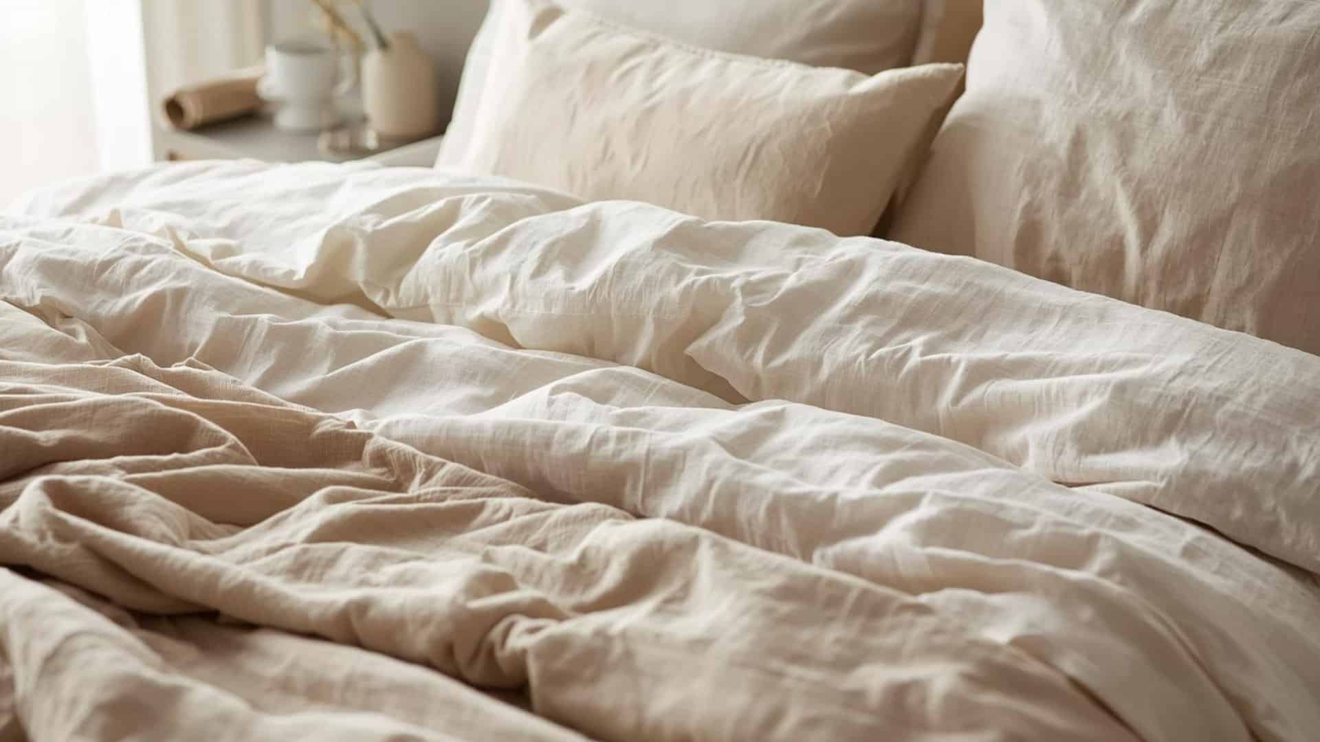 Neatly styled linen sheets on a modern bed with a soft airy bedroom feel