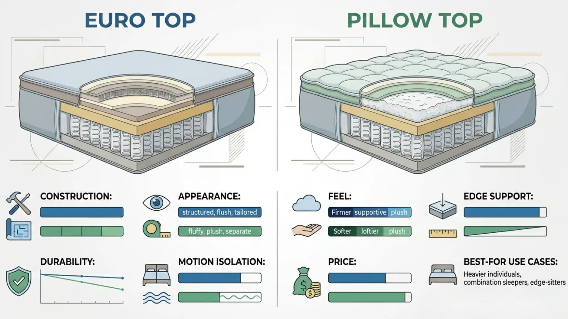 Performance infographic comparing comfort, support, durability, and edge hold..