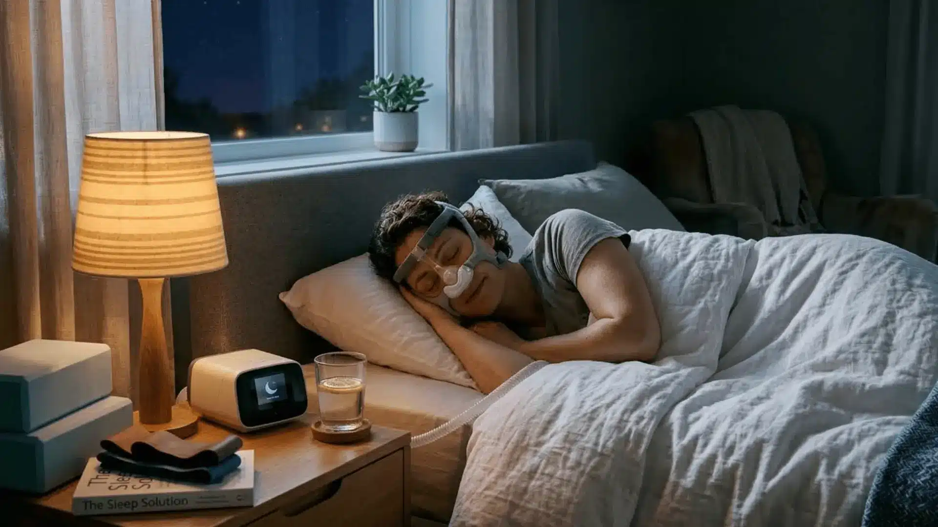 Person-Sleeping-Peacefully With CPAP Device To Relieve Sleep Apnea Headaches