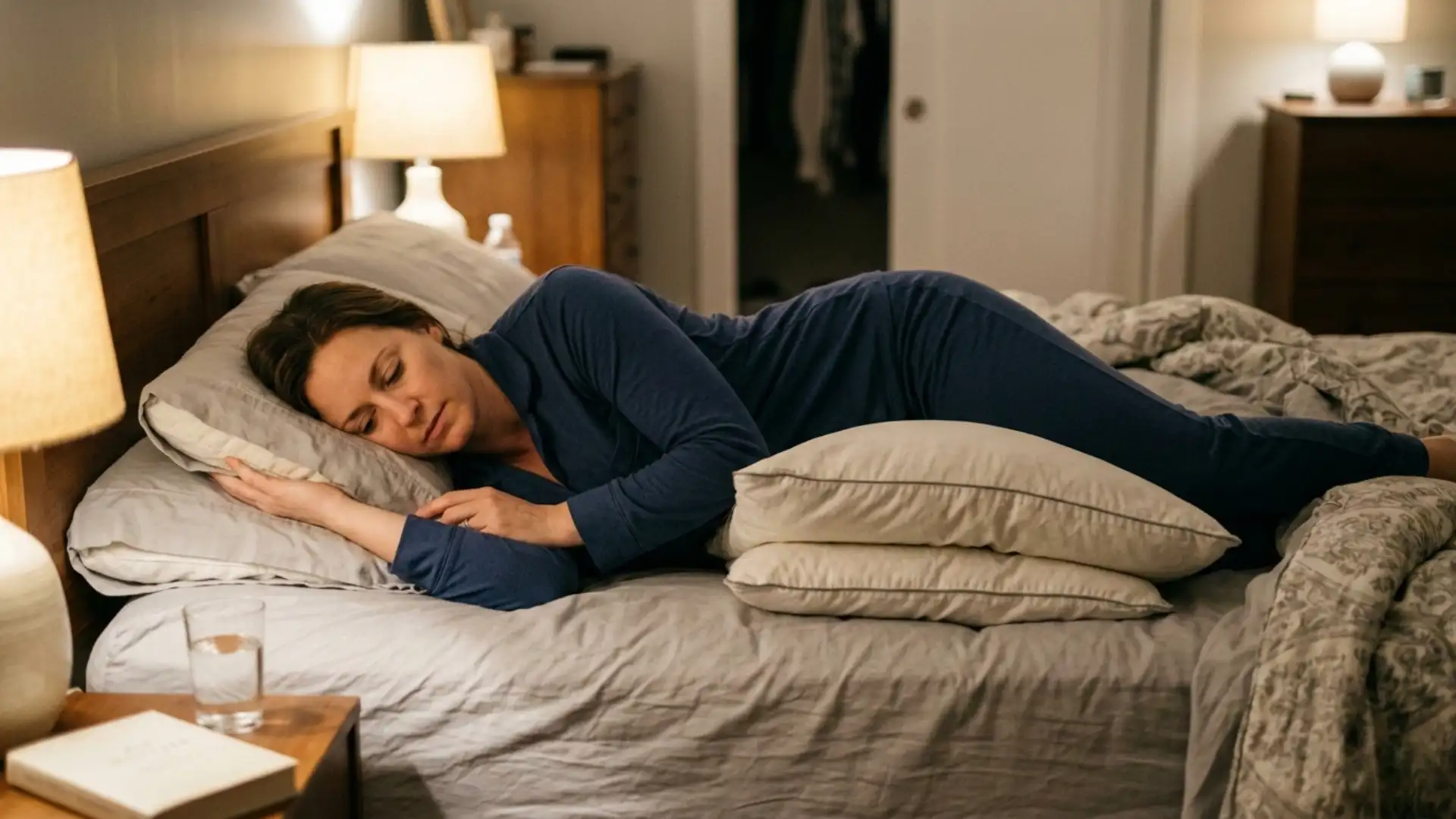 Person doing side-lying postural drainage with hips elevated on pillows before bed