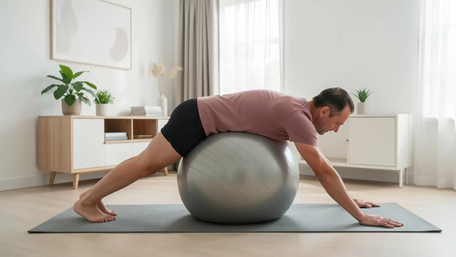 Person leaning over an exercise ball for postural drainage