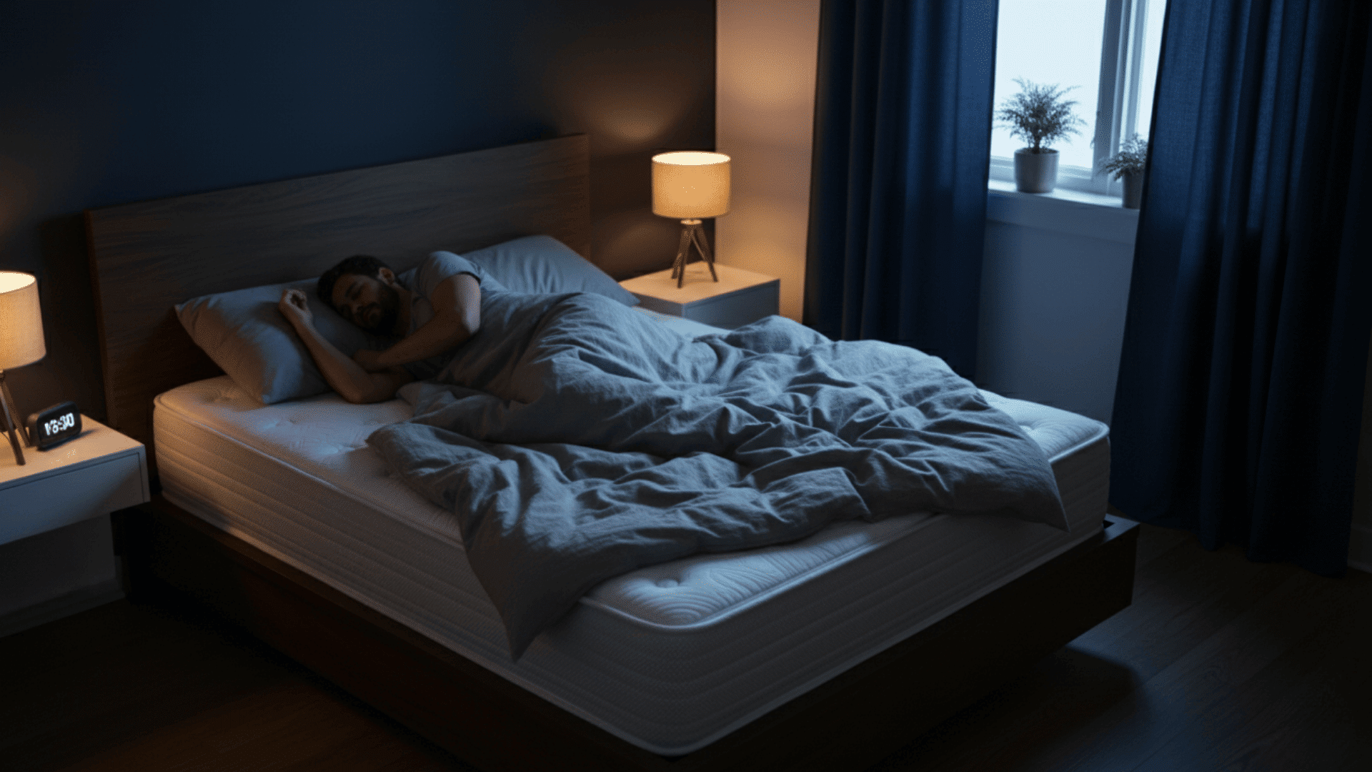 Person sleeping on a thick mattress in a dimly lit bedroom at night with bedside lamps and curtains.