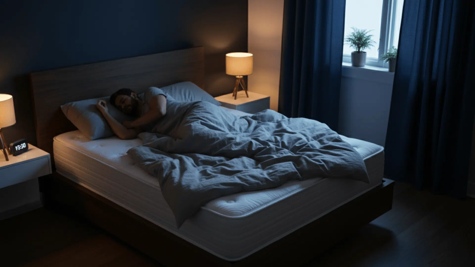 Person sleeping on a thick mattress in a dimly lit bedroom at night with bedside lamps and curtains.