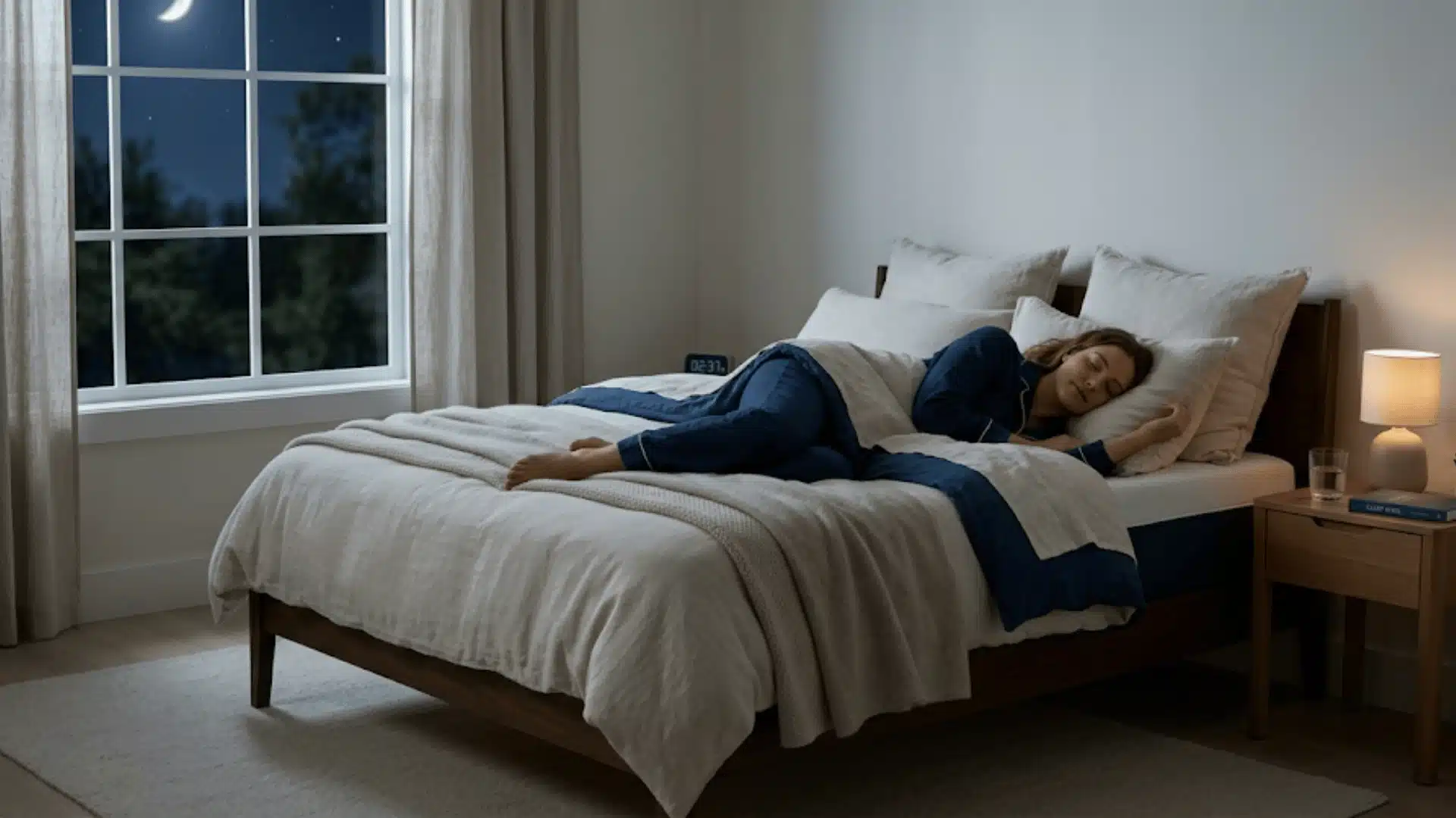 Person sleeping peacefully on a supportive mattress at night for lower back pain relief