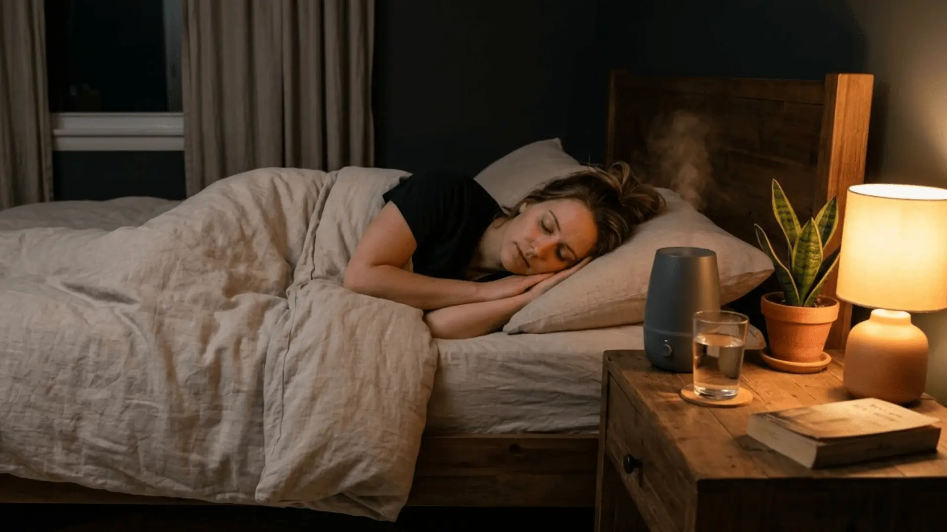 Person sleeping peacefully on their side in a calm, natural bedroom setting with supportive pillow and soft lighting.