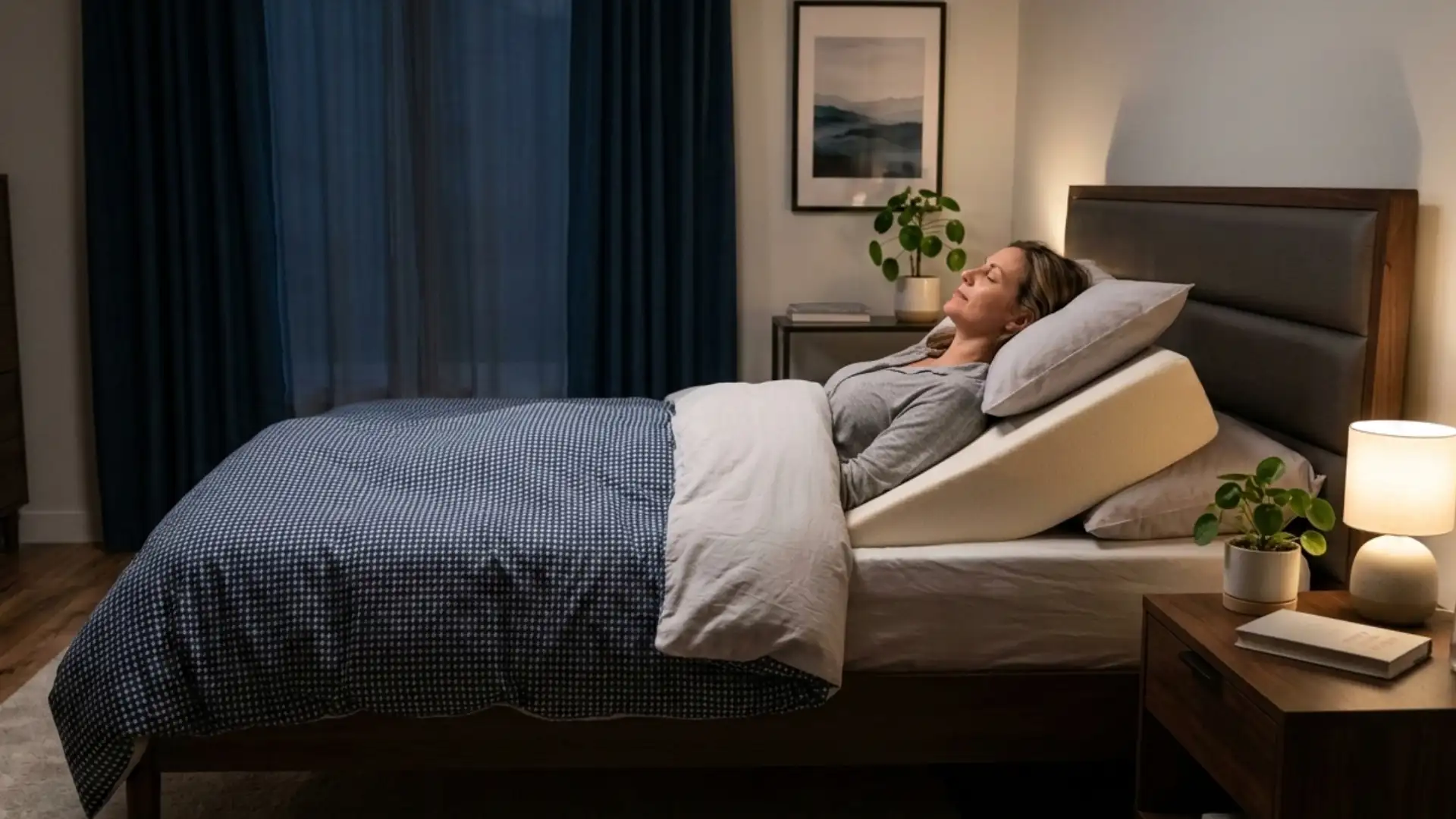 Person sleeping with upper body elevated on a wedge pillow, breathing easier