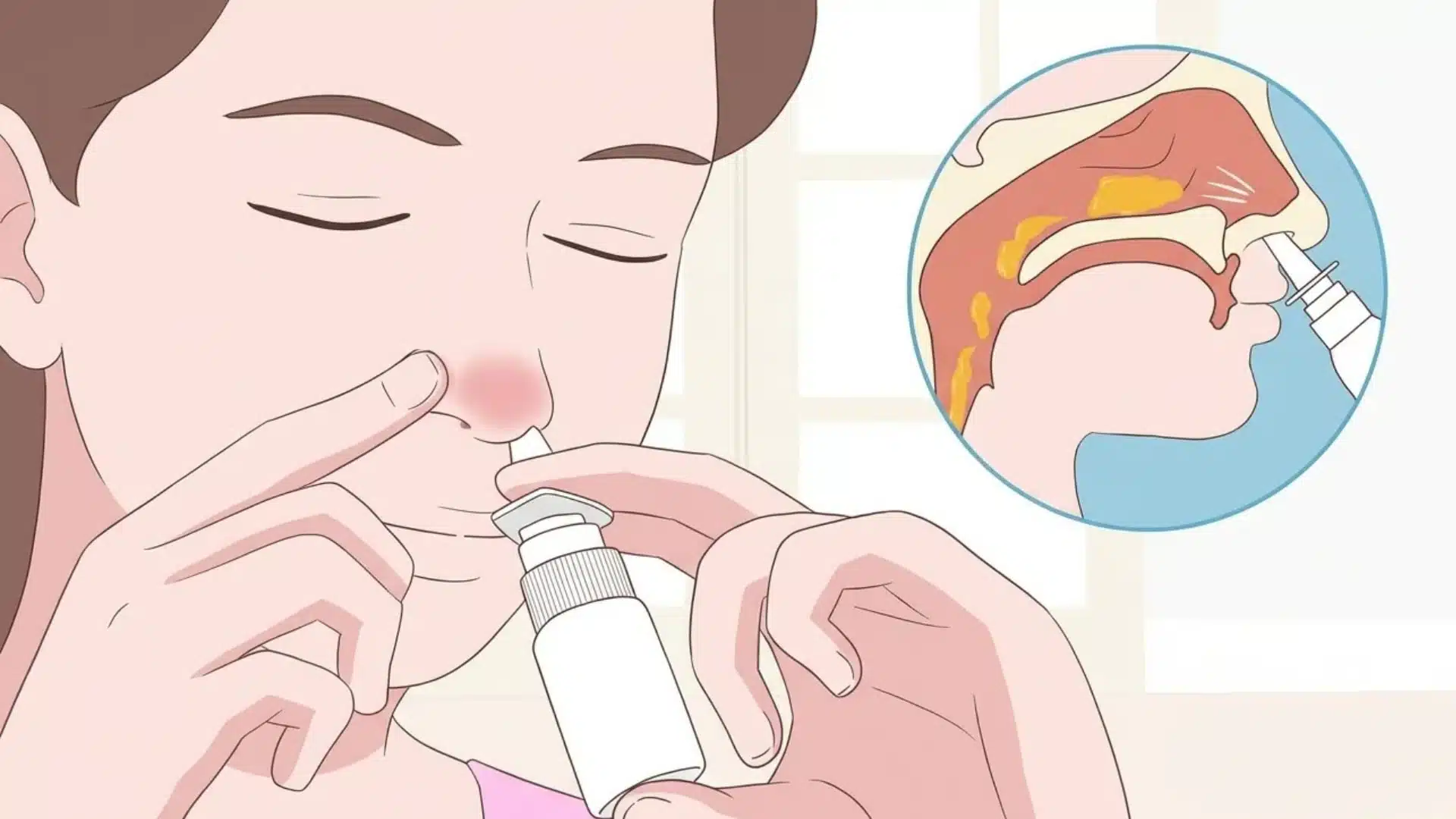 Person using nasal spray for blocked nose, with inset showing how the spray reaches swollen nasal passages inside.