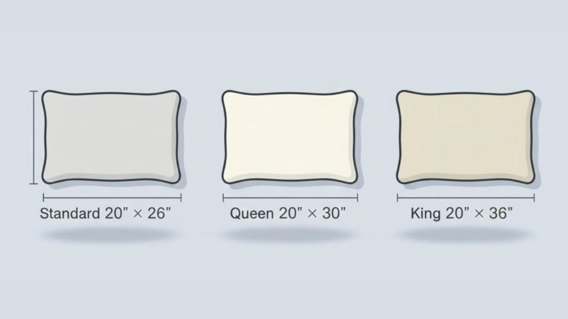 Pillowcase size chart showing standard, queen, and king dimensions with labeled measurements