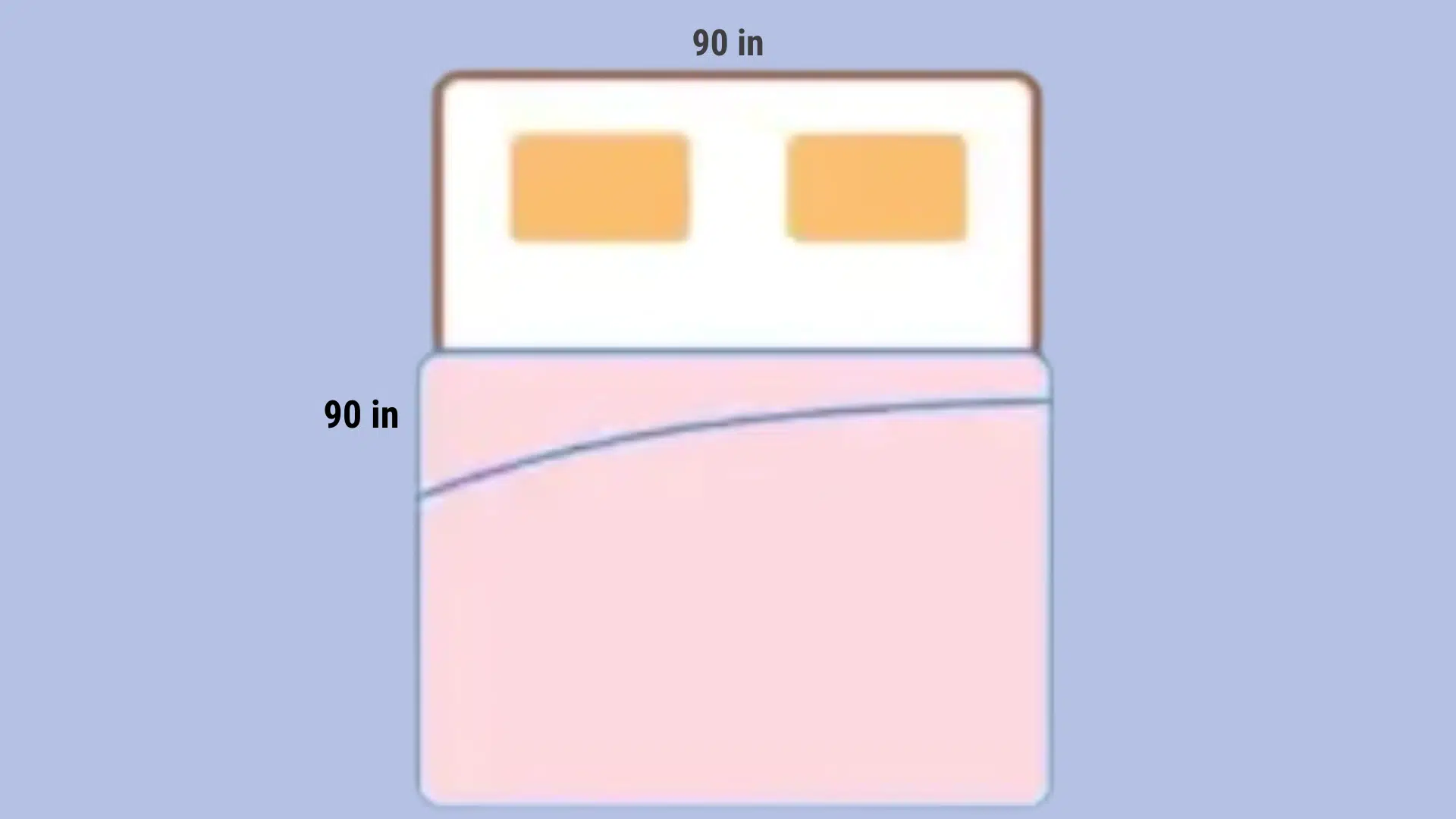 Queen bed for two sleepers with a blanket measuring 90 inches long and 90 inches wide