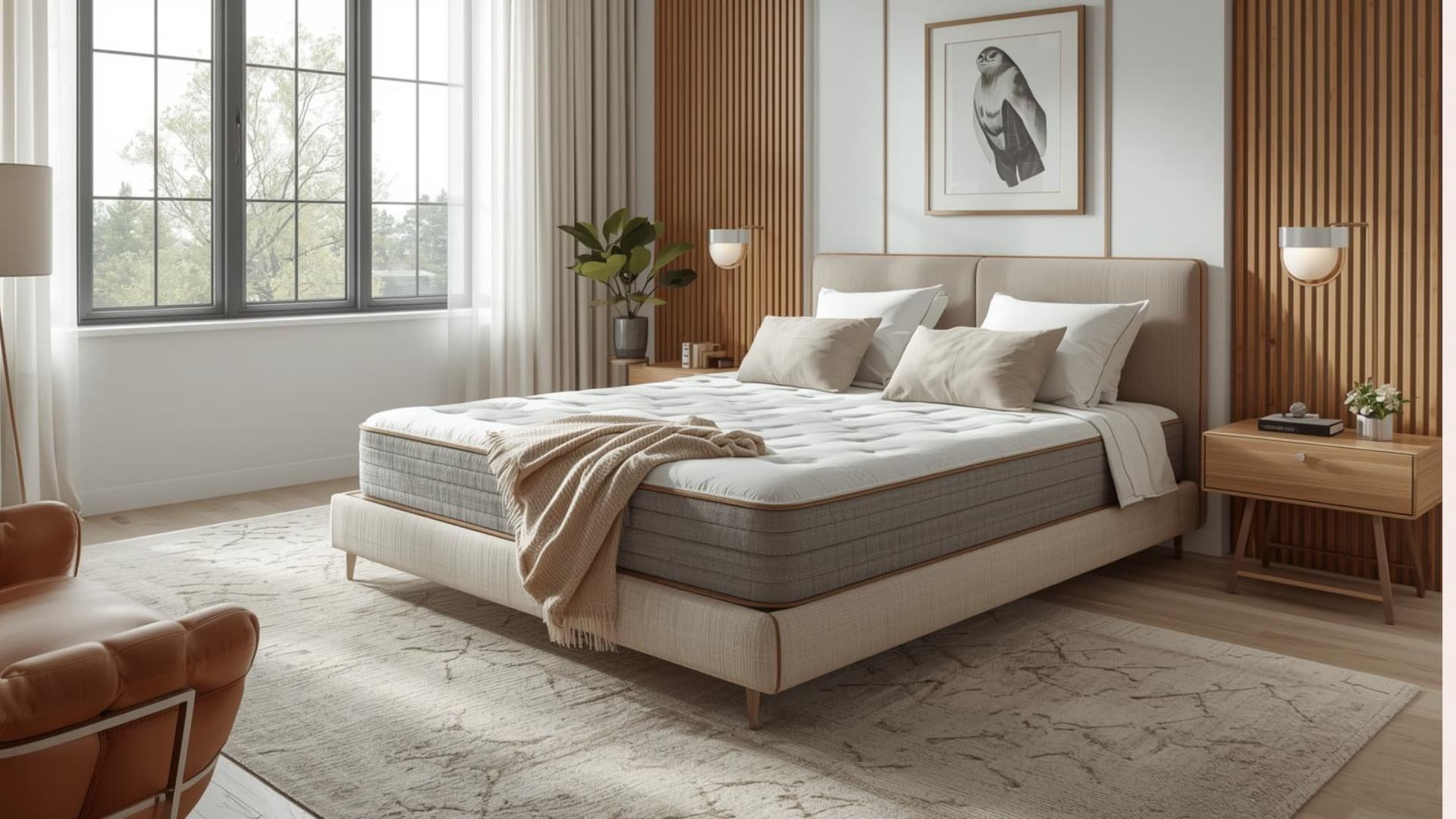 Real queen mattress in a modern bedroom with soft bedding, natural light, and a calm, spacious everyday layout.