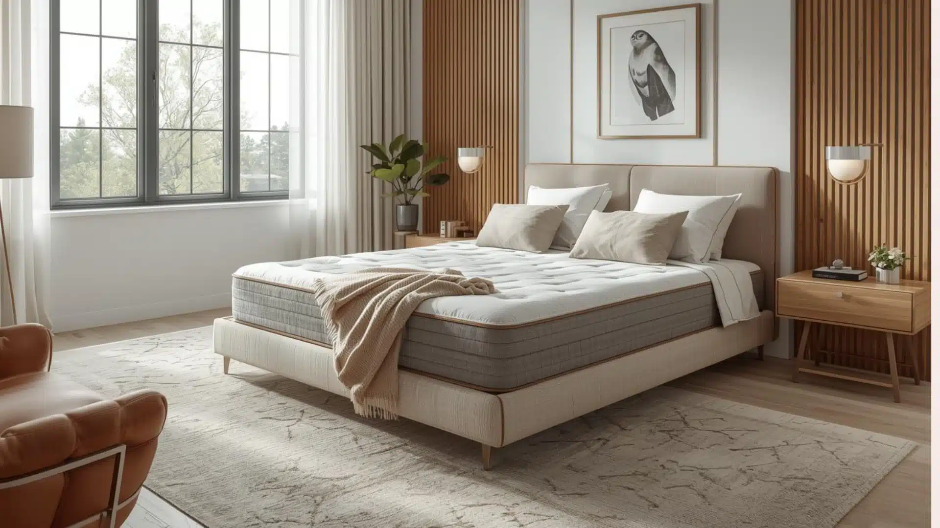 Real queen mattress in a modern bedroom with soft bedding, natural light, and a calm, spacious everyday layout.
