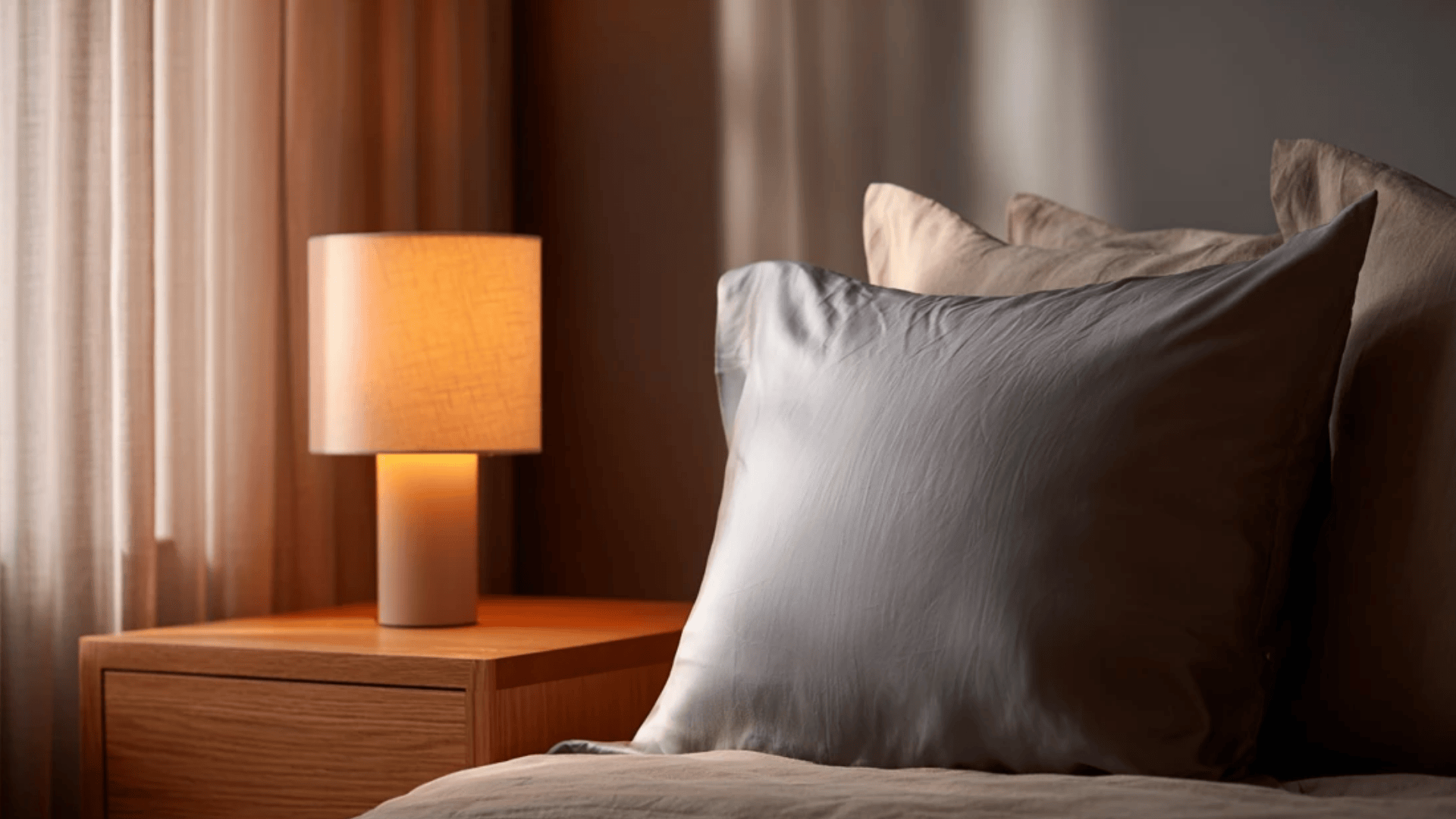 Soft pillowcase on bed with warm bedside lamp creating a cozy and comfortable bedroom setting