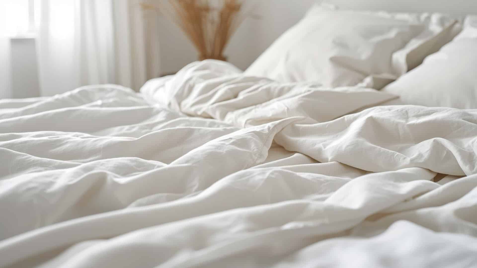 Soft white cotton sheets neatly styled on a bed with a clean airy bedroom feel