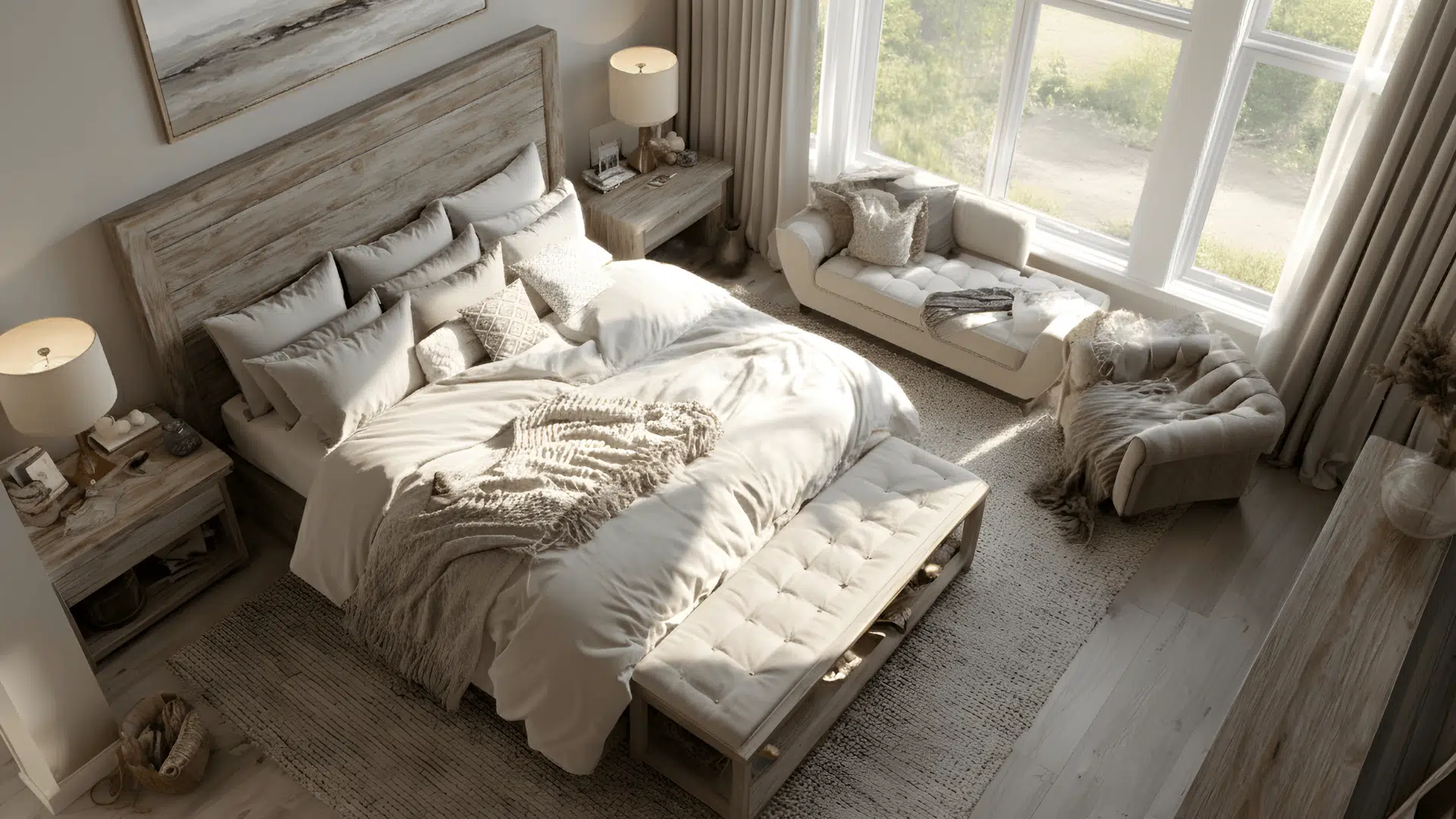 Spacious luxury bedroom with an Alaskan bed and a seating area near large windows