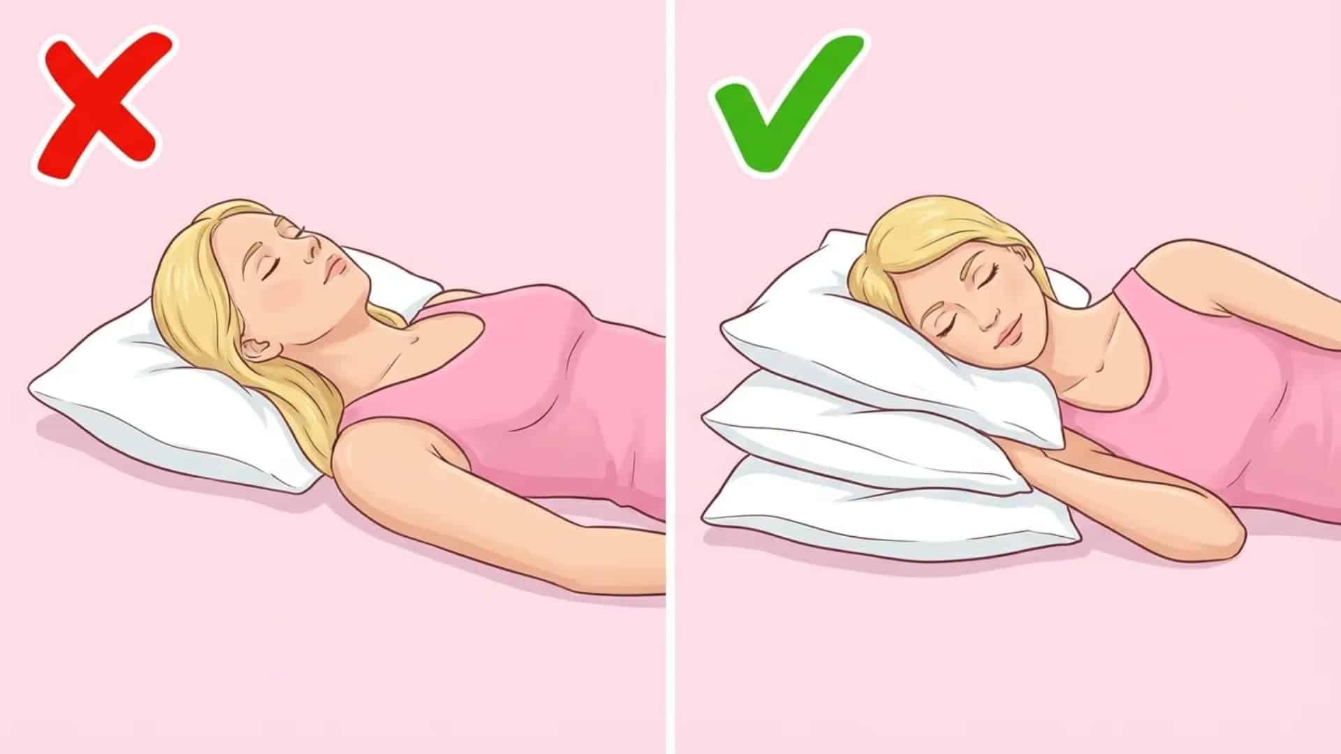 Split image showing poor back sleeping and better side sleeping with stacked pillows to ease a blocked nose at night.