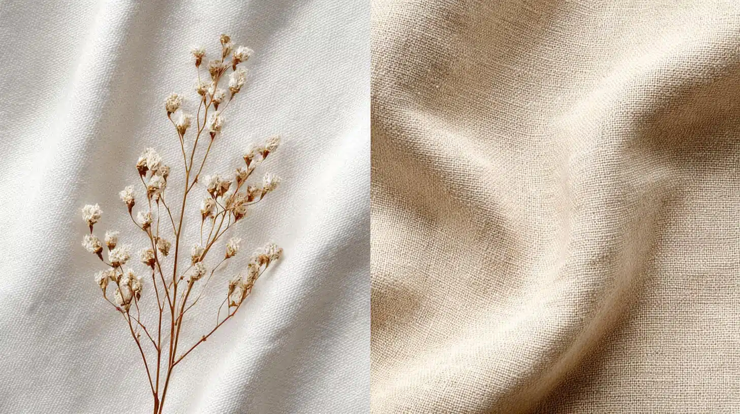 Split image showing smooth white cotton fabric beside textured beige linen cloth