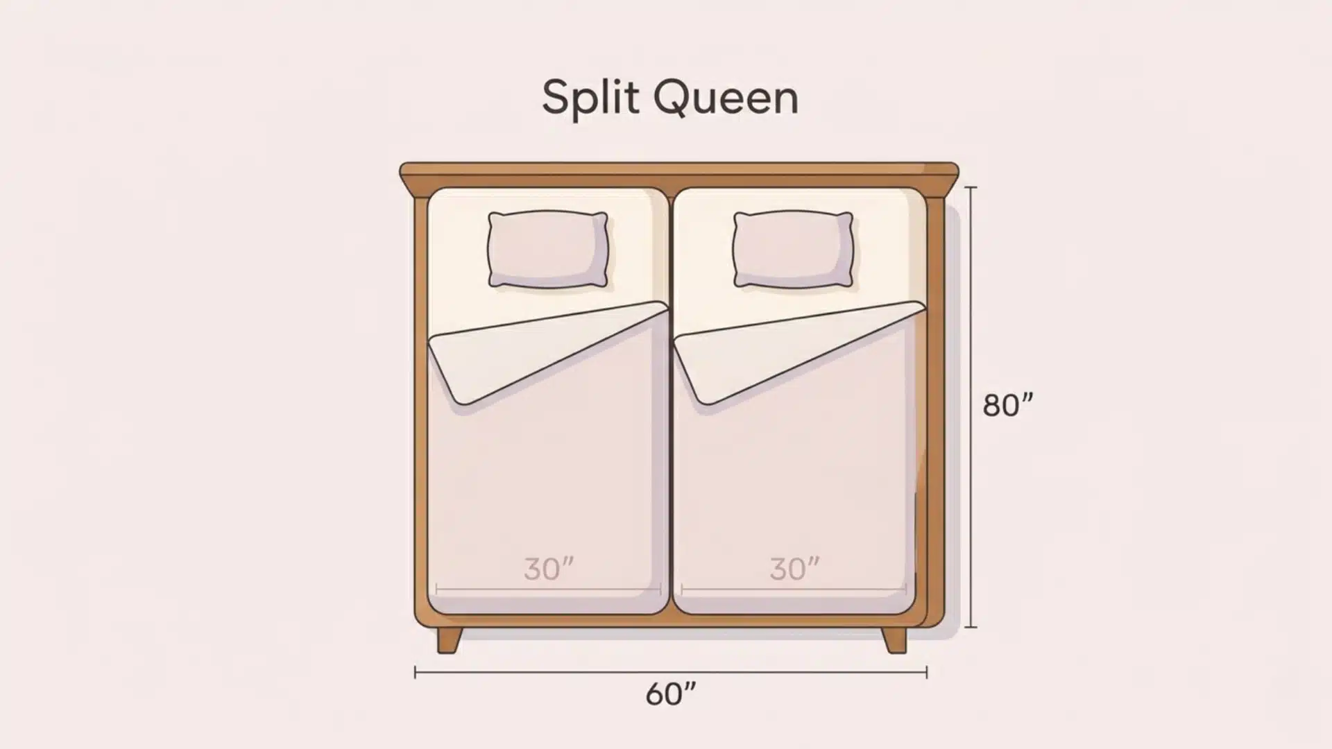 Split queen mattress graphic showing two side-by-side mattress halves with simple dimensions in a soft pastel style